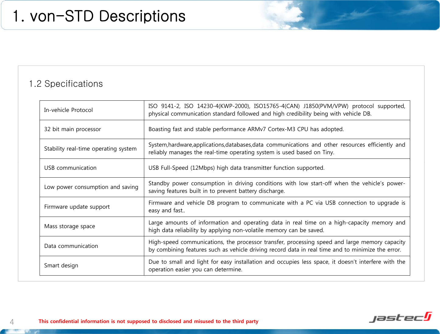 1. von-STD Descriptions1.2 SpecificationsIn-vehicle Protocol ISO 9141-2, ISO 14230-4(KWP-2000), ISO15765-4(CAN) J1850(PVM/VPW) protocol supported,physical communication standard followed and high credibility being with vehicle DB.32 bit main processor Boasting fast and stable performance ARMv7 Cortex-M3 CPU has adopted.Stability real-time operating system System,hardware,applications,databases,data communications and other resources efficiently andreliably manages the real-time operating system is used based on Tiny.USB communication USB Full-Speed (12Mbps) high data transmitter function supported.Low power consumption and saving Standby power consumption in driving conditions with low start-off when the vehicle’s power-saving features built in to prevent battery discharge.Fi d ttFirmware and vehicle DBprogram to communicate with a PC via USB connection to upgrade isFirmware update supportpgpgeasy and fast..Mass storage space Large amounts of information and operating data in real time on a high-capacity memory andhigh data reliability by applying non-volatile memory can be saved.Data communication High-speed communications, the processor transfer, processing speed andlargememorycapacitybbi ifthhi ldi iddtiltidtii ithbycombiningfeatures suchas vehicledriving recorddatainrealtime andtominimizethe error.Smart design Due to small and light for easy installation and occupies less space, it doesn’t interfere with theoperation easier you can determine.This confidential information is not supposed to disclosed and misused to the third party4