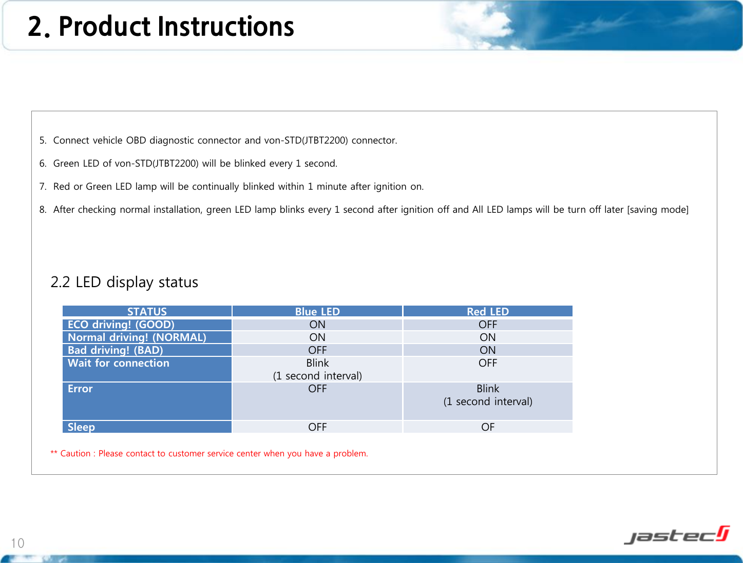 10                       5.  Connect vehicle OBD diagnostic connector and von-STD(JTBT2200) connector.       6.  Green LED of von-STD(JTBT2200) will be blinked every 1 second.   7.  Red or Green LED lamp will be continually blinked within 1 minute after ignition on.  8.  After checking normal installation, green LED lamp blinks every 1 second after ignition off and All LED lamps will be turn off later [saving mode]  2. Product Instructions  ** Caution : Please contact to customer service center when you have a problem. STATUS  Blue LED  Red LED ECO driving! (GOOD)  ON  OFF Normal driving! (NORMAL)  ON ON Bad driving! (BAD)  OFF  ON Wait for connection  Blink  (1 second interval) OFF  Error  OFF  Blink  (1 second interval)  Sleep  OFF  OF  2.2 LED display status 