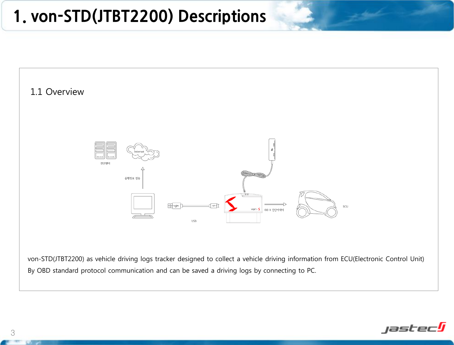 1. von-STD(JTBT2200) Descriptions 3   1.1 Overview                  von-STD(JTBT2200) as vehicle driving logs tracker designed to collect a vehicle driving information from ECU(Electronic Control Unit)  By OBD standard protocol communication and can be saved a driving logs by connecting to PC.  