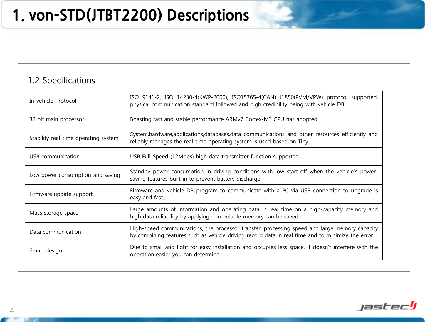 4   1.2 Specifications                   In-vehicle Protocol ISO  9141-2,  ISO  14230-4(KWP-2000),  ISO15765-4(CAN)  J1850(PVM/VPW)  protocol  supported, physical communication standard followed and high credibility being with vehicle DB. 32 bit main processor Boasting fast and stable performance ARMv7 Cortex-M3 CPU has adopted. Stability real-time operating system System,hardware,applications,databases,data  communications  and other  resources  efficiently  and reliably manages the real-time operating system is used based on Tiny. USB communication USB Full-Speed (12Mbps) high data transmitter function supported. Low power consumption and saving Standby power consumption  in  driving  conditions  with  low  start-off  when  the  vehicle’s  power-saving features built in to prevent battery discharge. Firmware update support Firmware and vehicle DB program to communicate with a PC via USB connection to upgrade is easy and fast.. Mass storage space Large  amounts of  information  and  operating data  in  real  time on  a  high-capacity memory  and high data reliability by applying non-volatile memory can be saved. Data communication High-speed communications, the processor transfer, processing speed and large memory capacity by combining features such as vehicle driving record data in real time and to minimize the error. Smart design Due to small and light for easy installation and occupies less space, it doesn’t interfere with the operation easier you can determine. 1. von-STD(JTBT2200) Descriptions 