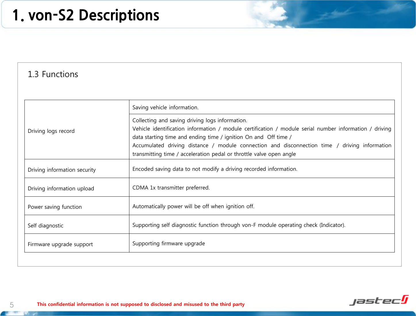 This confidential information is not supposed to disclosed and misused to the third party 5   1.3 Functions                    Driving logs record Saving vehicle information. Collecting and saving driving logs information.  Vehicle  identification  information  /  module  certification  /  module  serial  number  information  /  driving data starting time and ending time / ignition On and  Off time /  Accumulated  driving  distance  /  module  connection  and  disconnection  time   /  driving  information transmitting time / acceleration pedal or throttle valve open angle Driving information security Encoded saving data to not modify a driving recorded information. Driving information upload CDMA 1x transmitter preferred. Power saving function Automatically power will be off when ignition off. Self diagnostic Supporting self diagnostic function through von-F module operating check (Indicator). Firmware upgrade support Supporting firmware upgrade  1. von-S2 Descriptions  