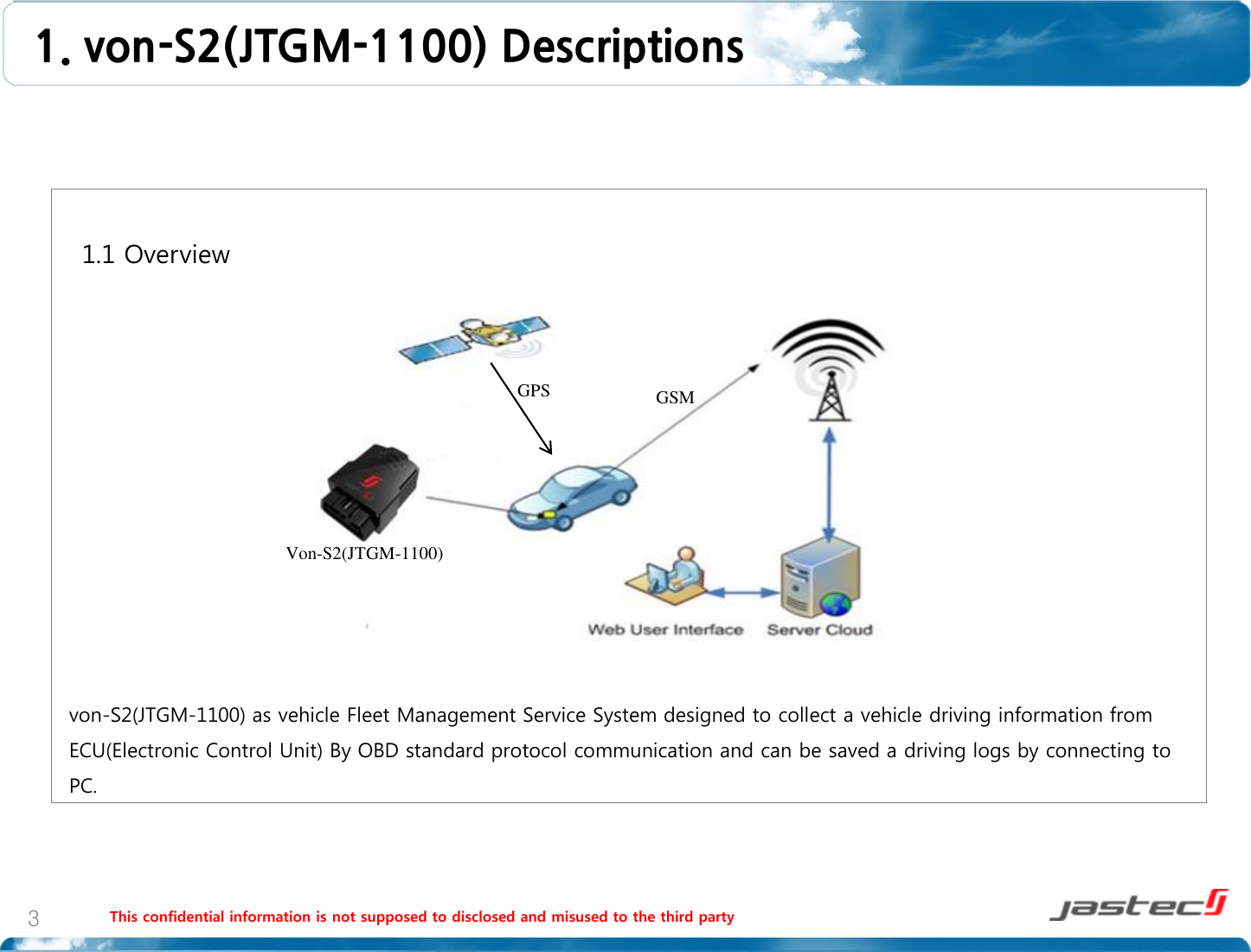 1. von-S2(JTGM-1100) Descriptions  This confidential information is not supposed to disclosed and misused to the third party  3   1.1 Overview                  von-S2(JTGM-1100) as vehicle Fleet Management Service System designed to collect a vehicle driving information from ECU(Electronic Control Unit) By OBD standard protocol communication and can be saved a driving logs by connecting to PC.  Von-S2(JTGM-1100) GPS  GSM  