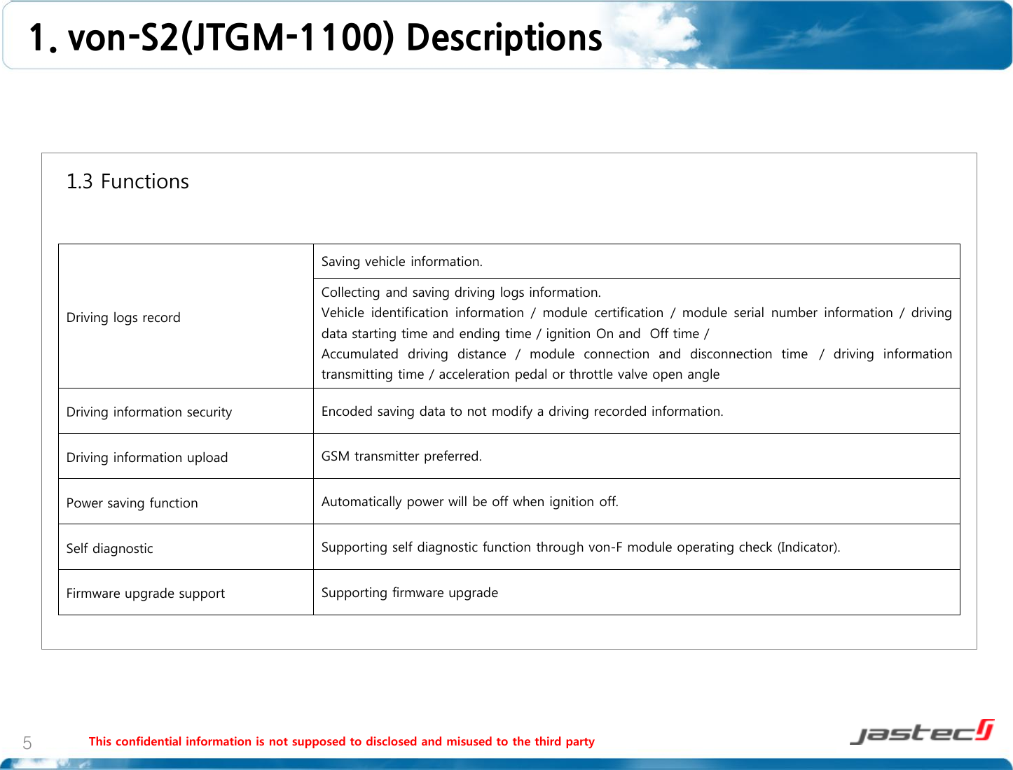 This confidential information is not supposed to disclosed and misused to the third party 5   1.3 Functions                    Driving logs record Saving vehicle information. Collecting and saving driving logs information.  Vehicle  identification  information  /  module  certification  /  module  serial  number  information  /  driving data starting time and ending time / ignition On and  Off time /  Accumulated  driving  distance  /  module  connection  and  disconnection  time   /  driving  information transmitting time / acceleration pedal or throttle valve open angle Driving information security  Encoded saving data to not modify a driving recorded information. Driving information upload  GSM transmitter preferred. Power saving function  Automatically power will be off when ignition off. Self diagnostic  Supporting self diagnostic function through von-F module operating check (Indicator). Firmware upgrade support  Supporting firmware upgrade  1. von-S2(JTGM-1100) Descriptions  
