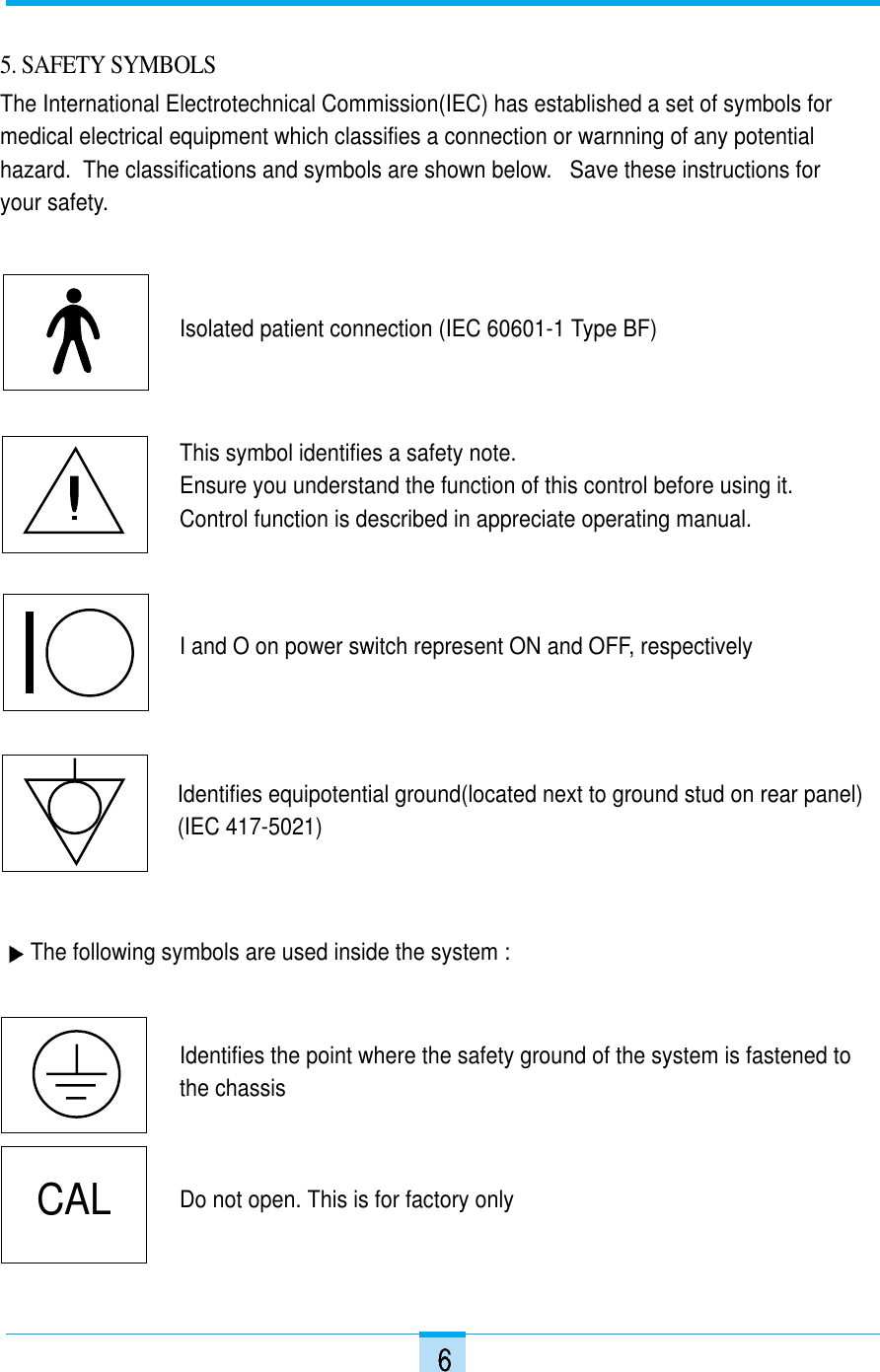 The following symbols are used inside the system : Isolated patient connection (IEC 60601-1 Type BF)This symbol identifies a safety note. Ensure you understand the function of this control before using it. Control function is described in appreciate operating manual.I and O on power switch represent ON and OFF, respectivelyIdentifies equipotential ground(located next to ground stud on rear panel)(IEC 417-5021)Identifies the point where the safety ground of the system is fastened tothe chassisDo not open. This is for factory onlyCAL5. SAFETY SYMBOLSThe International Electrotechnical Commission(IEC) has established a set of symbols formedical electrical equipment which classifies a connection or warnning of any potentialhazard.  The classifications and symbols are shown below.   Save these instructions for your safety.