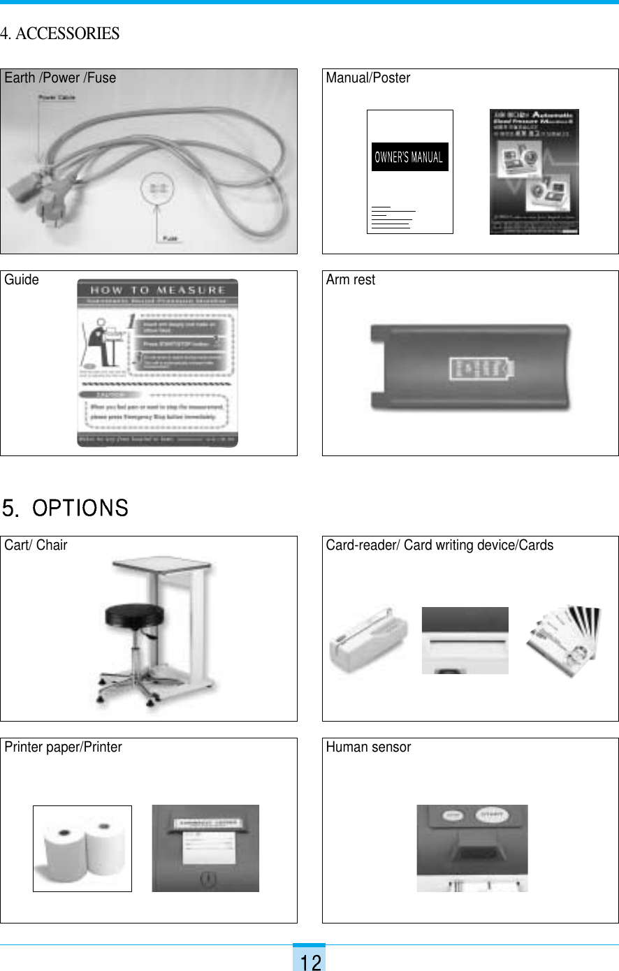4. ACCESSORIESEarth /Power /Fuse Manual/PosterGuide  Arm restCart/ Chair Card-reader/ Card writing device/CardsPrinter paper/Printer Human sensor