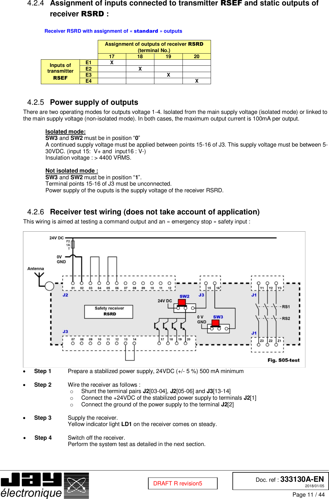  Doc. ref : 333130A-EN 2018/01/05 Page 11 / 44  DRAFT R revision5  Assignment of inputs connected to transmitter RSEF and static outputs of 4.2.4receiver RSRD :  Receiver RSRD with assignment of « standard » outputs      Assignment of outputs of receiver RSRD (terminal No.)   17 18 19 20 Inputs of transmitter RSEF E1 X    E2  X   E3   X  E4    X   Power supply of outputs 4.2.5There are two operating modes for outputs voltage 1-4. Isolated from the main supply voltage (isolated mode) or linked to the main supply voltage (non-isolated mode). In both cases, the maximum output current is 100mA per output.  Isolated mode: SW3 and SW2 must be in position “0” A continued supply voltage must be applied between points 15-16 of J3. This supply voltage must be between 5-30VDC. (input 15:  V+ and  input16 : V-) Insulation voltage : &gt; 4400 VRMS.  Not isolated mode : SW3 and SW2 must be in position “1”. Terminal points 15-16 of J3 must be unconnected. Power supply of the ouputs is the supply voltage of the receiver RSRD.   Receiver test wiring (does not take account of application) 4.2.6This wiring is aimed at testing a command output and an « emergency stop » safety input :    Step 1   Prepare a stabilized power supply, 24VDC (+/- 5 %) 500 mA minimum    Step 2  Wire the receiver as follows :  o  Shunt the terminal pairs J2[03-04], J2[05-06] and J3[13-14] o  Connect the +24VDC of the stabilized power supply to terminals J2[1]  o  Connect the ground of the power supply to the terminal J2[2]   Step 3  Supply the receiver. Yellow indicator light LD1 on the receiver comes on steady.   Step 4  Switch off the receiver. Perform the system test as detailed in the next section.    