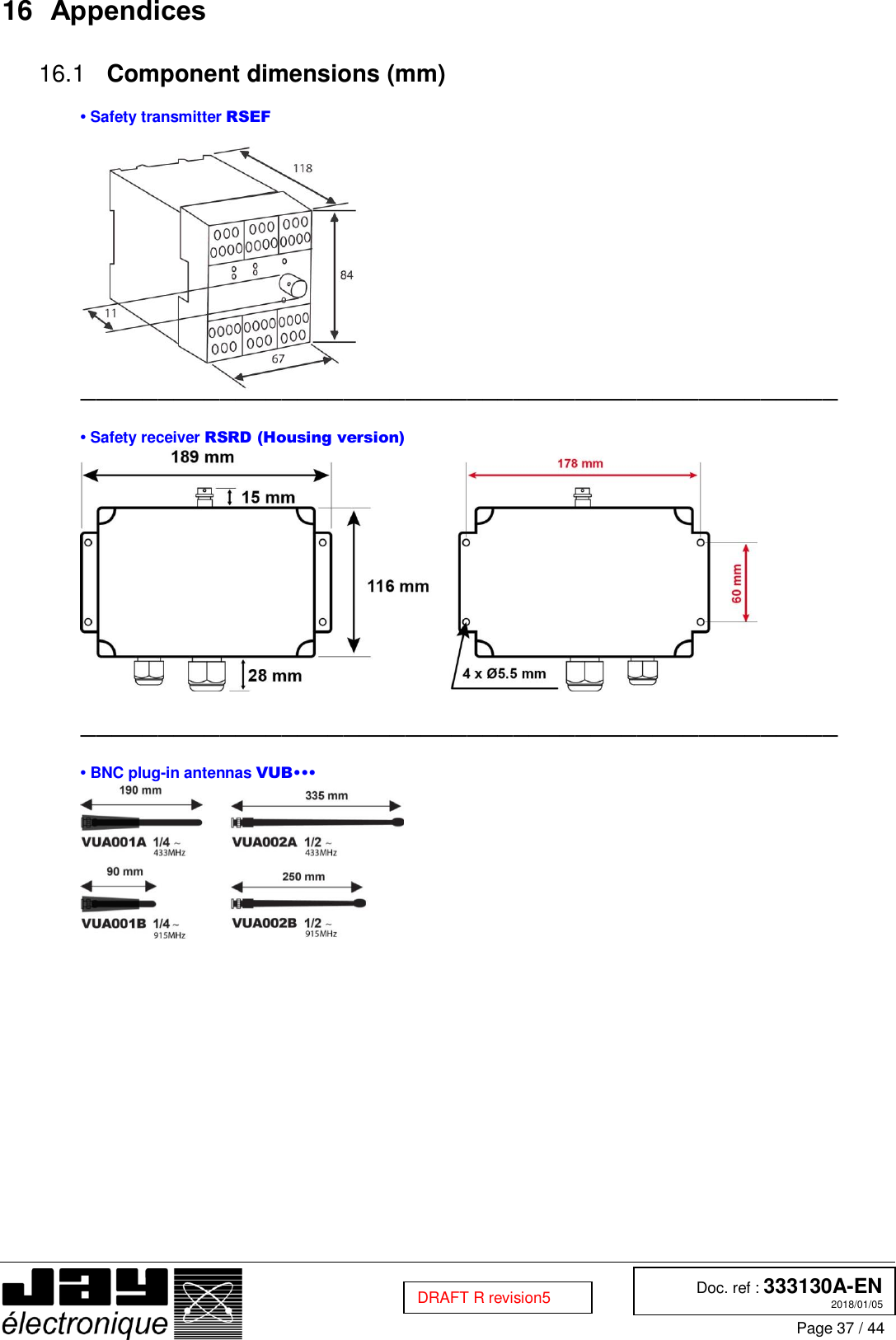  Doc. ref : 333130A-EN 2018/01/05 Page 37 / 44  DRAFT R revision5 16 Appendices   Component dimensions (mm) 16.1 • Safety transmitter RSEF   —————————————————————————————————————————————————  • Safety receiver RSRD (Housing version)    —————————————————————————————————————————————————  • BNC plug-in antennas VUB•••  