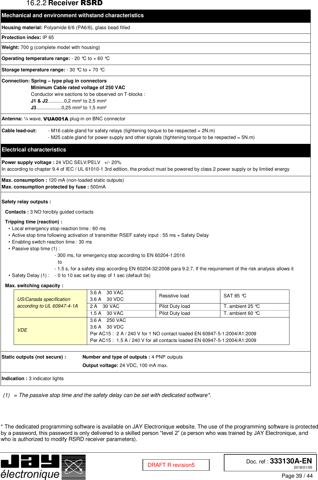  Doc. ref : 333130A-EN 2018/01/05 Page 39 / 44  DRAFT R revision5  Receiver RSRD 16.2.2Mechanical and environment withstand characteristics Housing material: Polyamide 6/6 (PA6/6), glass bead filled Protection index: IP 65 Weight: 700 g (complete model with housing) Operating temperature range: - 20 °C to + 60 °C Storage temperature range: - 30 °C to + 70 °C Connection: Spring – type plug in connectors Minimum Cable rated voltage of 250 VAC Conductor wire sections to be observed on T-blocks : J1 &amp; J2 ............0,2 mm² to 2,5 mm² J3 ...................0,25 mm² to 1,5 mm² Antenna: ¼ wave, VUA001A plug-in on BNC connector Cable lead-out:   - M16 cable gland for safety relays (tightening torque to be respected = 2N.m)   - M25 cable gland for power supply and other signals (tightening torque to be respected = 5N.m) Electrical characteristics Power supply voltage : 24 VDC SELV/PELV   +/- 20% In according to chapter 9.4 of IEC / UL 61010-1 3rd edition, the product must be powered by class 2 power supply or by limited energy Max. consumption : 120 mA (non-loaded static outputs) Max. consumption protected by fuse : 500mA Safety relay outputs : Contacts : 3 NO forcibly guided contacts Tripping time (reaction) : • Local emergency stop reaction time : 60 ms • Active stop time following activation of transmitter RSEF safety input : 55 ms + Safety Delay • Enabling switch reaction time : 30 ms • Passive stop time (1) : - 300 ms, for emergency stop according to EN 60204-1:2016 to - 1.5 s, for a safety stop according EN 60204-32:2008 para 9.2.7, If the requirement of the risk analysis allows it • Safety Delay (1) :    - 0 to 10 sec set by step of 1 sec (default 0s) Max. switching capacity :  US/Canada specification according to UL 60947-4-1A 3.6 A    30 VAC 3.6 A    30 VDC Resistive load SAT 85 °C 2 A    30 VAC Pilot Duty load T. ambient 25 °C 1.5 A    30 VAC Pilot Duty load T. ambient 60 °C VDE  3.6 A    250 VAC  3.6 A    30 VDC Per AC15 :  2 A / 240 V for 1 NO contact loaded EN 60947-5-1:2004/A1:2009 Per AC15 :  1.5 A / 240 V for all contacts loaded EN 60947-5-1:2004/A1:2009  Static outputs (not secure) :   Number and type of outputs : 4 PNP outputs  Output voltage: 24 VDC, 100 mA max. Indication : 3 indicator lights  (1)  = The passive stop time and the safety delay can be set with dedicated software*.     * The dedicated programming software is available on JAY Electronique website. The use of the programming software is protected by a password, this password is only delivered to a skilled person “level 2” (a person who was trained by JAY Electronique, and who is authorized to modify RSRD receiver parameters).    