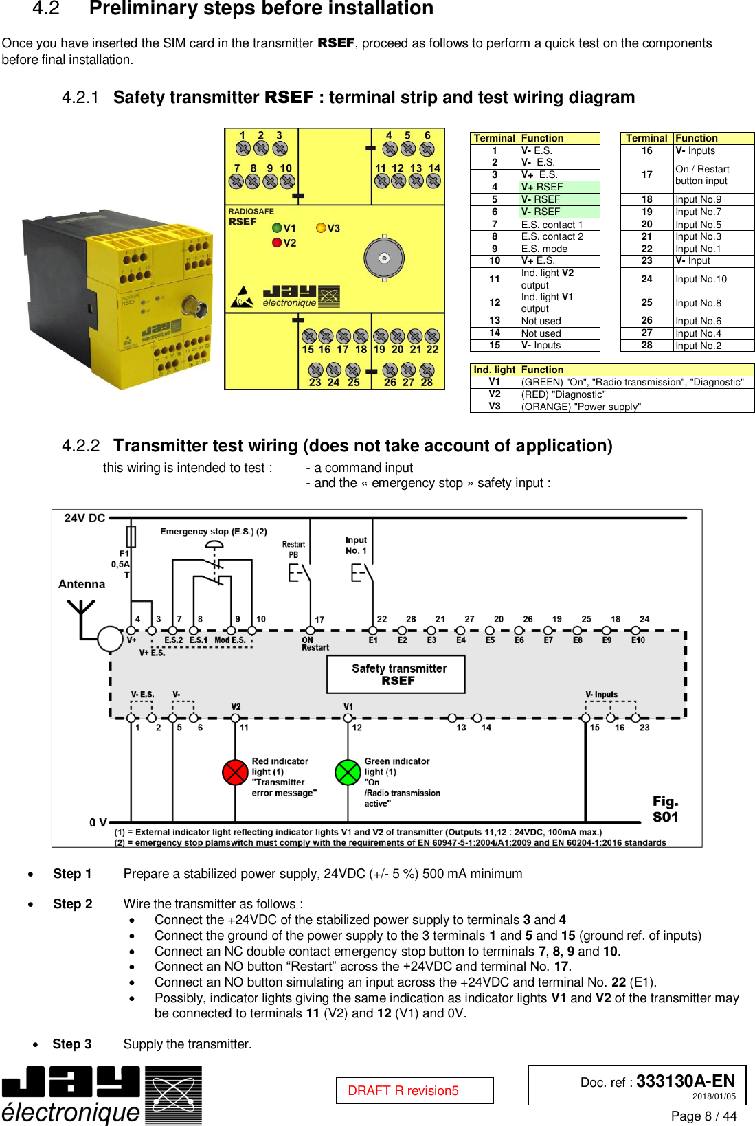  Doc. ref : 333130A-EN 2018/01/05 Page 8 / 44  DRAFT R revision5  Preliminary steps before installation 4.2 Once you have inserted the SIM card in the transmitter RSEF, proceed as follows to perform a quick test on the components before final installation.  Safety transmitter RSEF : terminal strip and test wiring diagram 4.2.1         Transmitter test wiring (does not take account of application) 4.2.2this wiring is intended to test :  - a command input    - and the « emergency stop » safety input :     Step 1   Prepare a stabilized power supply, 24VDC (+/- 5 %) 500 mA minimum   Step 2   Wire the transmitter as follows :   Connect the +24VDC of the stabilized power supply to terminals 3 and 4   Connect the ground of the power supply to the 3 terminals 1 and 5 and 15 (ground ref. of inputs)   Connect an NC double contact emergency stop button to terminals 7, 8, 9 and 10.  Connect an NO button “Restart” across the +24VDC and terminal No. 17.   Connect an NO button simulating an input across the +24VDC and terminal No. 22 (E1).   Possibly, indicator lights giving the same indication as indicator lights V1 and V2 of the transmitter may be connected to terminals 11 (V2) and 12 (V1) and 0V.   Step 3   Supply the transmitter. Terminal Function  Terminal Function 1 V- E.S.  16 V- Inputs 2 V-  E.S.  17 On / Restart button input 3 V+  E.S.  4 V+ RSEF  5 V- RSEF  18 Input No.9 6 V- RSEF  19 Input No.7 7 E.S. contact 1  20 Input No.5 8 E.S. contact 2  21 Input No.3 9 E.S. mode  22 Input No.1 10 V+ E.S.  23 V- Input 11 Ind. light V2 output  24 Input No.10 12 Ind. light V1 output  25 Input No.8 13 Not used  26 Input No.6 14 Not used  27 Input No.4 15 V- Inputs  28 Input No.2      Ind. light Function V1 (GREEN) &quot;On&quot;, &quot;Radio transmission&quot;, &quot;Diagnostic&quot; V2 (RED) &quot;Diagnostic&quot; V3 (ORANGE) &quot;Power supply&quot; 