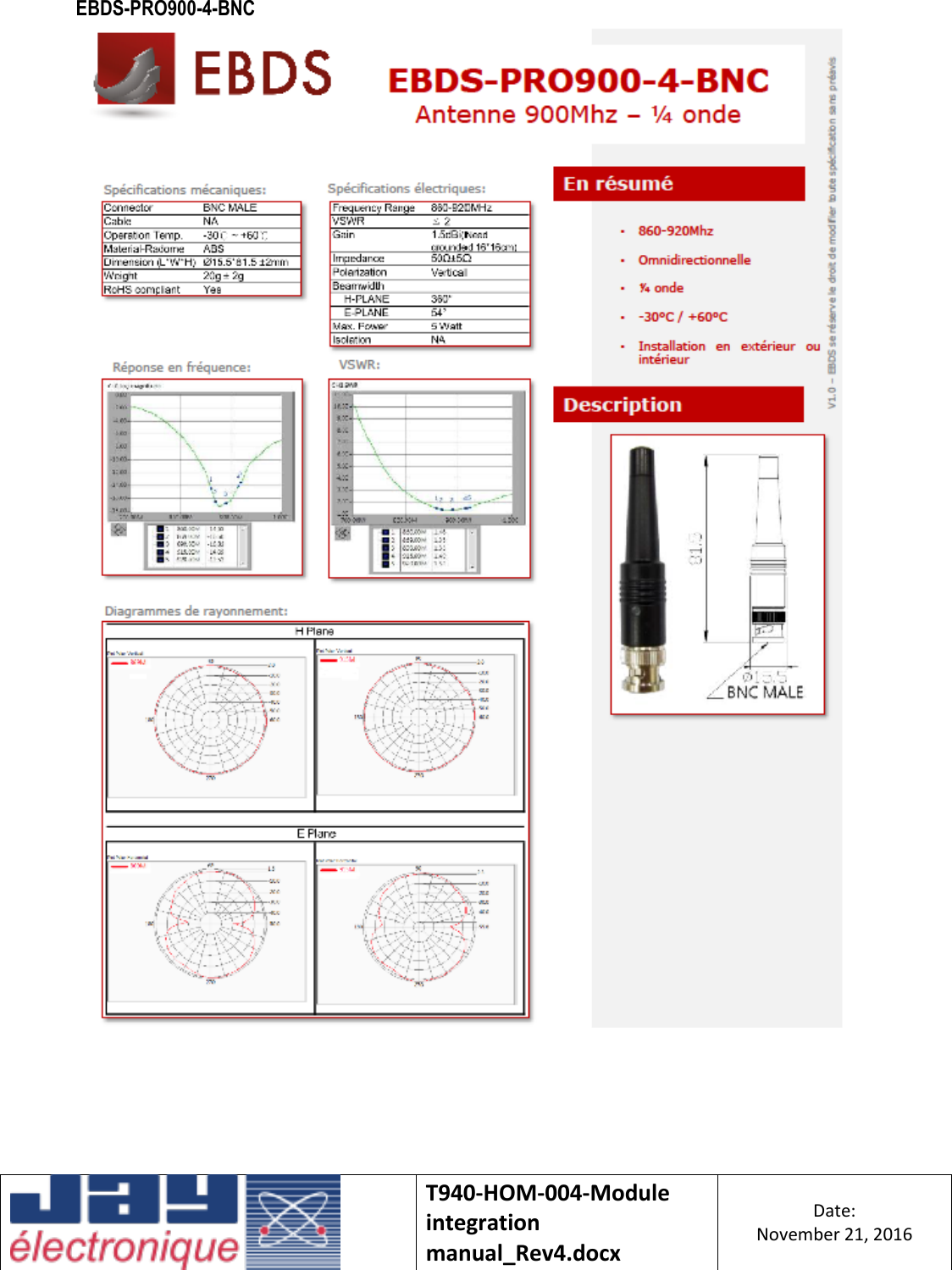    T940-HOM-004-Module integration manual_Rev4.docx Date: November 21, 2016  EBDS-PRO900-4-BNC     