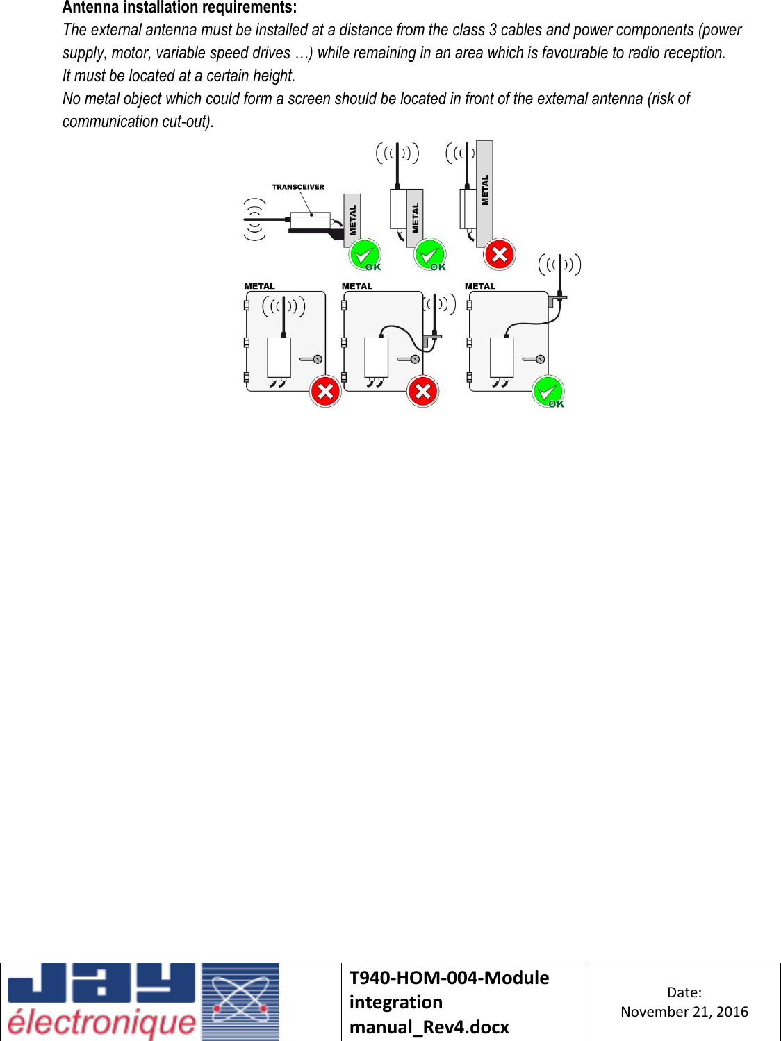    T940-HOM-004-Module integration manual_Rev4.docx Date: November 21, 2016  Antenna installation requirements: The external antenna must be installed at a distance from the class 3 cables and power components (power supply, motor, variable speed drives …) while remaining in an area which is favourable to radio reception.  It must be located at a certain height. No metal object which could form a screen should be located in front of the external antenna (risk of communication cut-out).     