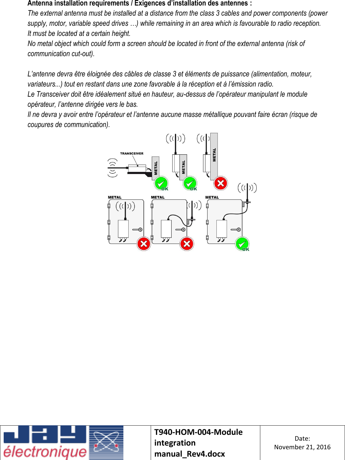    T940-HOM-004-Module integration manual_Rev4.docx Date: November 21, 2016  Antenna installation requirements / Exigences d’installation des antennes : The external antenna must be installed at a distance from the class 3 cables and power components (power supply, motor, variable speed drives …) while remaining in an area which is favourable to radio reception.  It must be located at a certain height. No metal object which could form a screen should be located in front of the external antenna (risk of communication cut-out).  L’antenne devra être éloignée des câbles de classe 3 et éléments de puissance (alimentation, moteur, variateurs...) tout en restant dans une zone favorable à la réception et à l’émission radio. Le Transceiver doit être idéalement situé en hauteur, au-dessus de l’opérateur manipulant le module opérateur, l’antenne dirigée vers le bas. Il ne devra y avoir entre l’opérateur et l’antenne aucune masse métallique pouvant faire écran (risque de coupures de communication).    