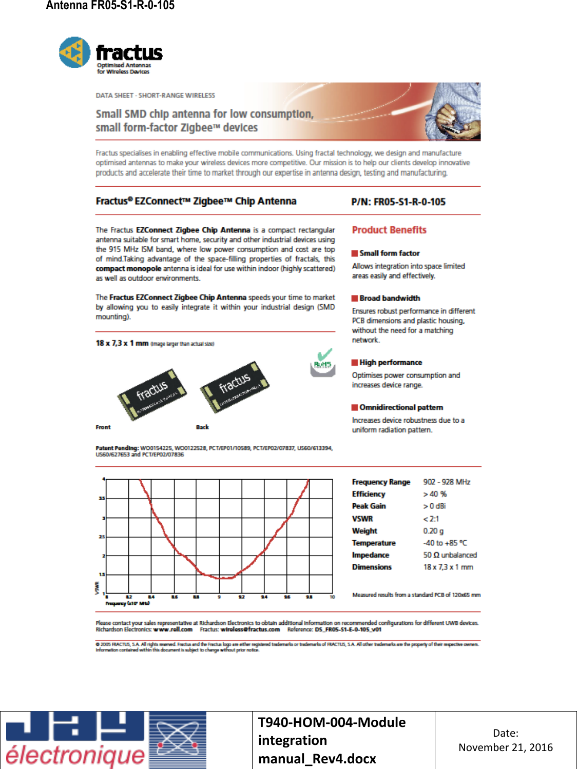    T940-HOM-004-Module integration manual_Rev4.docx Date: November 21, 2016  Antenna FR05-S1-R-0-105      