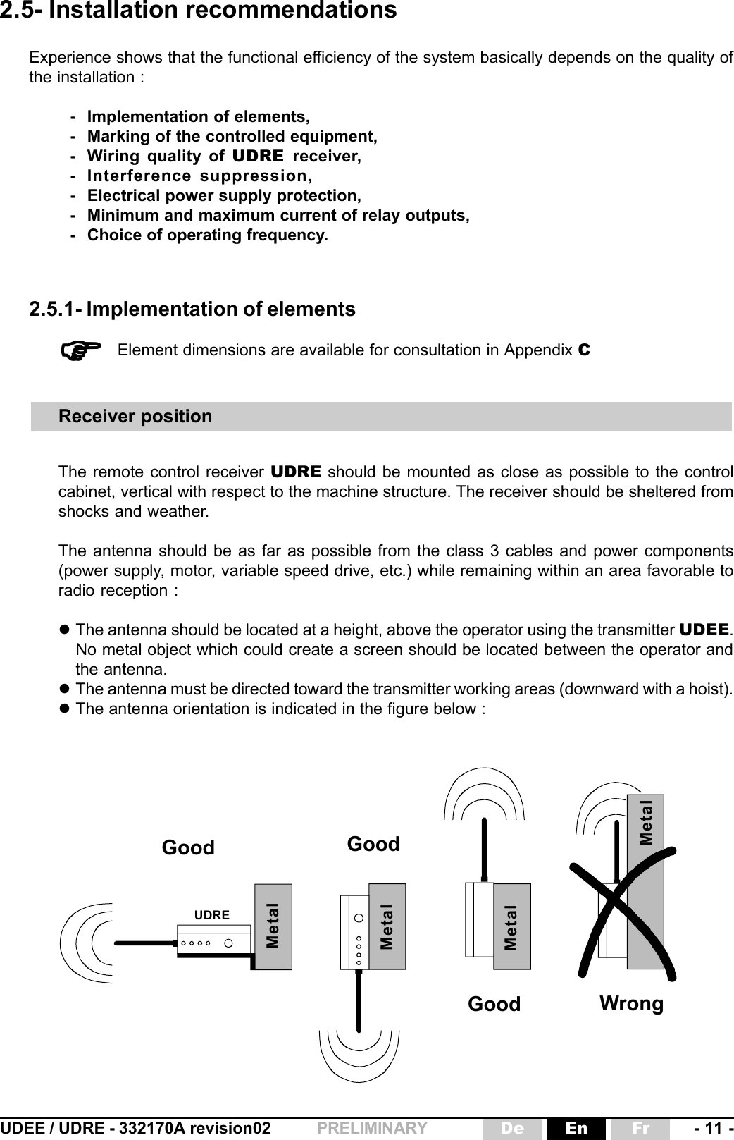 UDEE / UDRE - 332170A revision02 - 11 -FrEnDePRELIMINARY2.5- Installation recommendationsExperience shows that the functional efficiency of the system basically depends on the quality ofthe installation :- Implementation of elements,- Marking of the controlled equipment,- Wiring quality of UDRE  receiver,- Interference suppression,- Electrical power supply protection,- Minimum and maximum current of relay outputs,- Choice of operating frequency.2.5.1- Implementation of elementsElement dimensions are available for consultation in Appendix C)))))Receiver positionThe remote control receiver UDRE should be mounted as close as possible to the controlcabinet, vertical with respect to the machine structure. The receiver should be sheltered fromshocks and weather.The antenna should be as far as possible from the class 3 cables and power components(power supply, motor, variable speed drive, etc.) while remaining within an area favorable toradio reception :zThe antenna should be located at a height, above the operator using the transmitter UDEE.No metal object which could create a screen should be located between the operator andthe antenna.zThe antenna must be directed toward the transmitter working areas (downward with a hoist).zThe antenna orientation is indicated in the figure below :WrongGood GoodUDREGoodMetalMetalMetalMetal