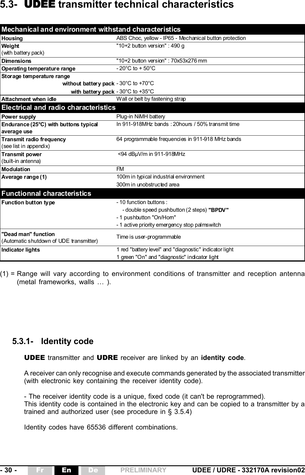 - 30 - UDEE / UDRE - 332170A revision02Fr En De PRELIMINARYHousing ABS Choc, yellow - IP65 - Mechanical button protection&quot;10+2 button version&quot; : 490 gDimensions  &quot;10+2 button version&quot; : 70x53x276 mmOperating temperature range - 20°C to + 50°CStorage temperature rangewithout battery pack - 30°C to +70°Cwith battery pack - 30°C to +35°CAttachment when idle Wall or belt by fastening strapPower supply Plug-in NiMH batteryIn 911-918MHz bands : 20hours / 50% transmit time64 programmable frequencies in 911-918 MHz bands &lt;94 dBµV/m in 911-918MHzModulation  FMAverage range (1) 100m in typical industrial environment300m in unobstructed areaFunction button type - 10 function buttons : - double speed pushbutton (2 steps) &quot;BPDV&quot;- 1 pushbutton &quot;On/Horn&quot;- 1 active priority emergency stop palmswitch&quot;Dead man&quot; function(Automatic shutdown of UDE transmitter) Time is user-programmableIndicator lights 1 red &quot;battery level&quot; and &quot;diagnostic&quot; indicator light1 green &quot;On&quot; and &quot;diagnostic&quot; indicator lightFunctionnal characteristicsTransmit radio frequency(see list in appendix)Endurance (25°C) with buttons typical average useMechanical and environment withstand characteristicsElectrical and radio characteristicsTransmit power(built-in antenna)Weight(with battery pack)5.3- UDEEUDEEUDEEUDEEUDEE transmitter technical characteristics5.3.1- Identity codeUDEE transmitter and UDRE receiver are linked by an identity code.A receiver can only recognise and execute commands generated by the associated transmitter(with electronic key containing the receiver identity code).- The receiver identity code is a unique, fixed code (it can&apos;t be reprogrammed).This identity code is contained in the electronic key and can be copied to a transmitter by atrained and authorized user (see procedure in § 3.5.4)Identity codes have 65536 different combinations.(1) = Range will vary according to environment conditions of transmitter and reception antenna(metal frameworks, walls … ).