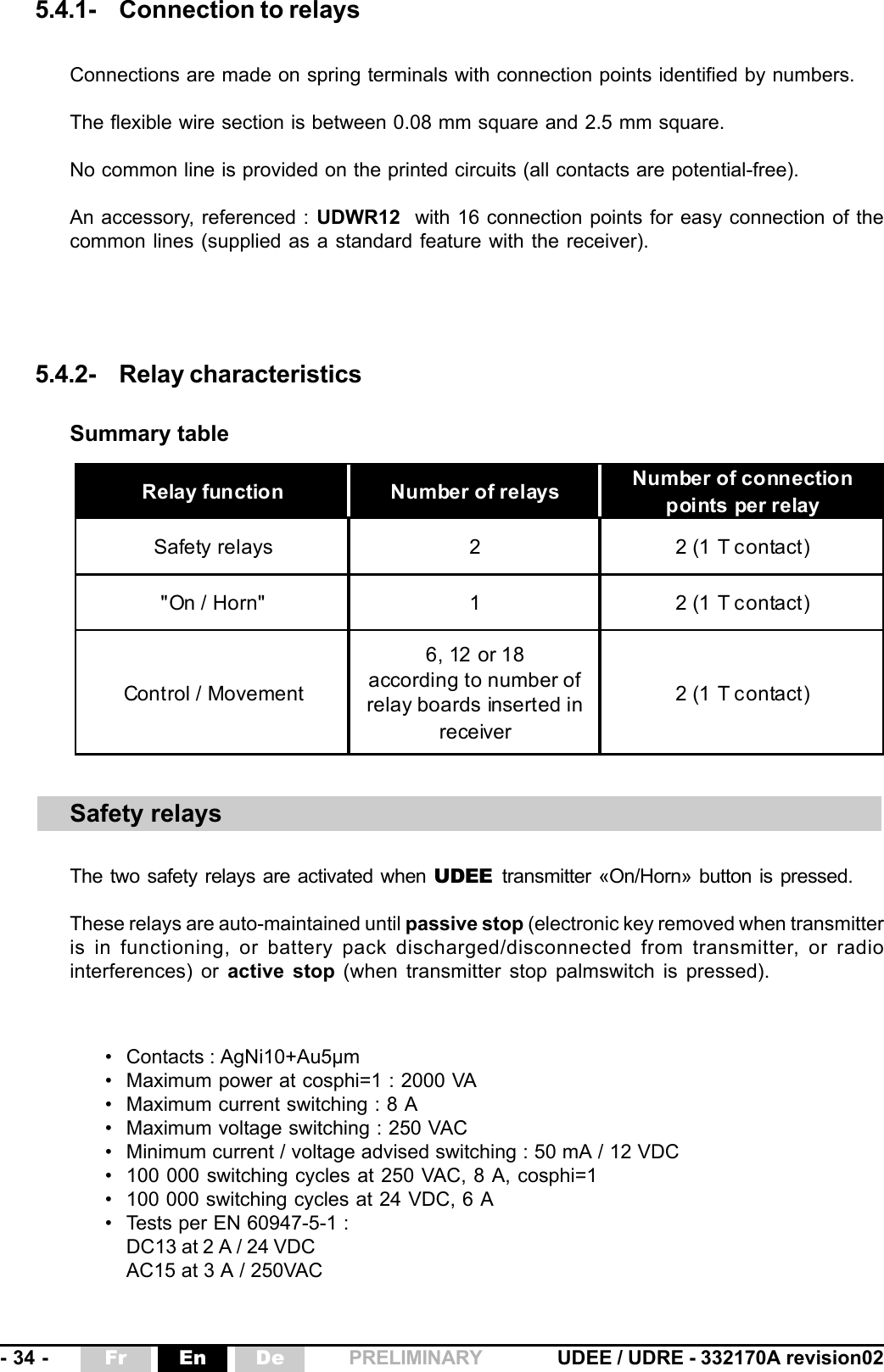 - 34 - UDEE / UDRE - 332170A revision02Fr En De PRELIMINARYRelay function Number of relays Number of connection points per relaySafety relays 2 2 (1 T contact)&quot;On / Horn&quot; 1 2 (1 T contact)Cont rol / Movement6, 12 or 18according to number of relay boards inserted in receiver2 (1 T contact)5.4.2- Relay characteristics5.4.1- Connection to relaysConnections are made on spring terminals with connection points identified by numbers.The flexible wire section is between 0.08 mm square and 2.5 mm square.No common line is provided on the printed circuits (all contacts are potential-free).An accessory, referenced : UDWR12  with 16 connection points for easy connection of thecommon lines (supplied as a standard feature with the receiver).Safety relaysThe two safety relays are activated when UDEE  transmitter «On/Horn» button is pressed.These relays are auto-maintained until passive stop (electronic key removed when transmitteris in functioning, or battery pack discharged/disconnected from transmitter, or radiointerferences) or active stop (when transmitter stop palmswitch is pressed).• Contacts : AgNi10+Au5µm• Maximum power at cosphi=1 : 2000 VA• Maximum current switching : 8 A• Maximum voltage switching : 250 VAC• Minimum current / voltage advised switching : 50 mA / 12 VDC• 100 000 switching cycles at 250 VAC, 8 A, cosphi=1• 100 000 switching cycles at 24 VDC, 6 A• Tests per EN 60947-5-1 :DC13 at 2 A / 24 VDCAC15 at 3 A / 250VACSummary table