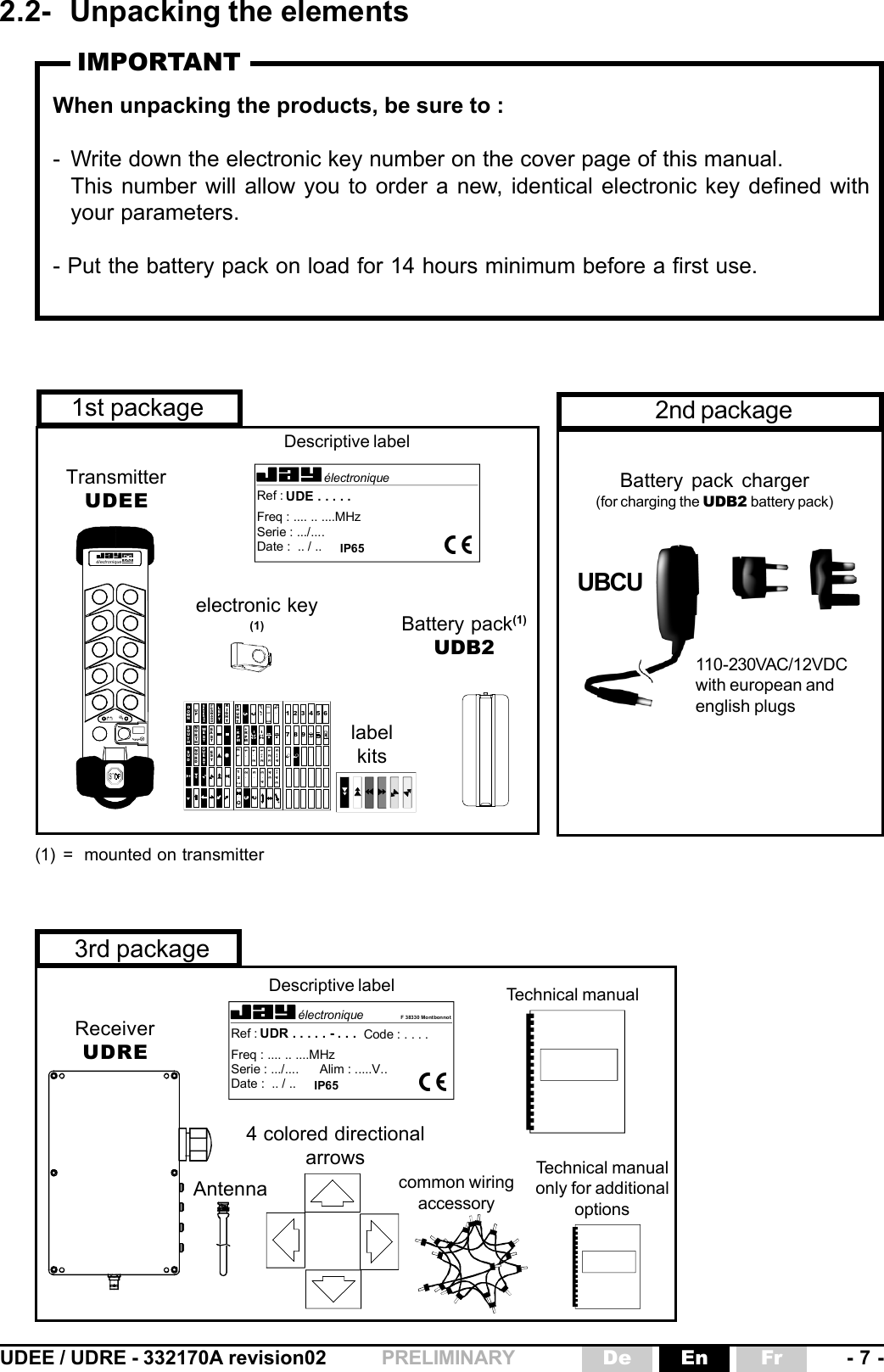 UDEE / UDRE - 332170A revision02 - 7 -FrEnDePRELIMINARY1st package(1) = mounted on transmitter2.2- Unpacking the elementsWhen unpacking the products, be sure to :- Write down the electronic key number on the cover page of this manual.This number will allow you to order a new, identical electronic key defined withyour parameters.- Put the battery pack on load for 14 hours minimum before a first use.IMPORTANTélectronique F 38330 MontbonnotRef : UDR . . . . . - . . .  Code : . . . .Freq : .... .. ....MHzIP65Serie : .../....      Alim : .....V..Date :  .. / ..3rd packageTechnical manualReceiverUDRE4 colored directionalarrowsDescriptive labelcommon wiringaccessoryAntennaTechnical manualonly for additionaloptionsTransmitterUDEEBattery pack(1)UDB2electronic key(1)Descriptive labellabelkitsélectroniqueRef : UDE . . . . .Freq : .... .. ....MHzIP65Serie : .../....Date :  .. / ..UPDOWNEVERSERORWARDFNORTHSOUTHWESTEASTNORDSUDOUESTESTLEFTRIGHT•12•1•1212334 3+4121+2123GATEONOFFSHUNT+RPM-RPM12 1+247 8 945 6•2•3•3443•3+43Battery pack charger(for charging the UDB2 battery pack)UBCU2nd package110-230VAC/12VDCwith european andenglish plugs électroni que