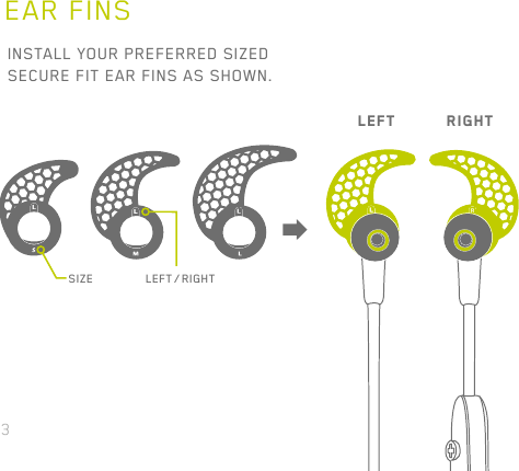 13EAR FINSINSTALL YOUR PREFERRED SIZED SECURE FIT EAR FINS AS SHOWN.LEFTSIZE LEFT / RIGHTRIGHT