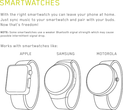 36SMARTWATCHESWith the right smartwatch you can leave your phone at home. Just sync music to your smartwatch and pair with your buds. Now that’s freedom!Works with smartwatches like:NOTE: Some smartwatches use a weaker Bluetooth signal strength which may cause possible intermittent signal drop.APPLE MOTOROLASAMSUNG