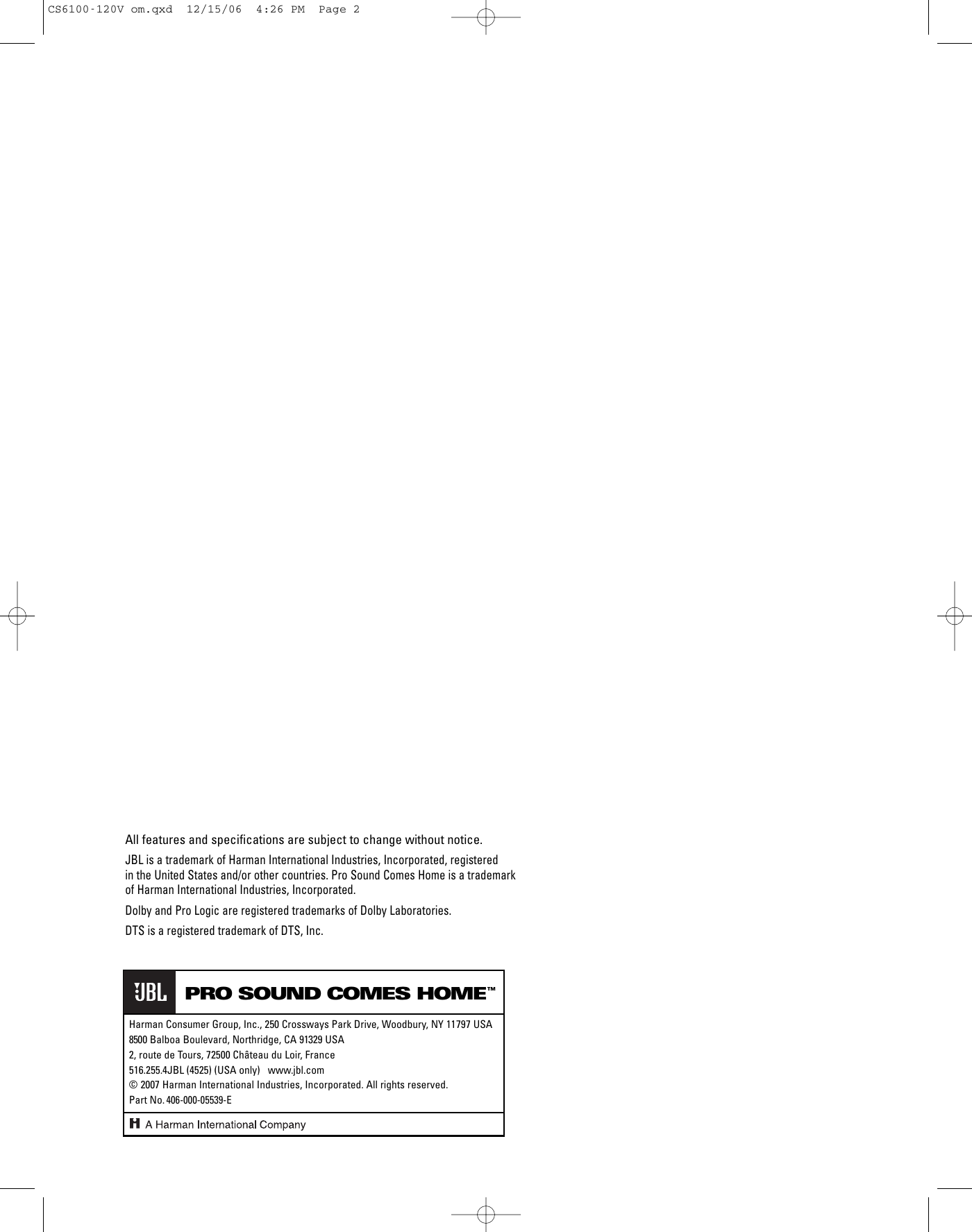 Page 12 of 12 - Jbl Jbl-Cs6100-Users-Manual-  Jbl-cs6100-users-manual