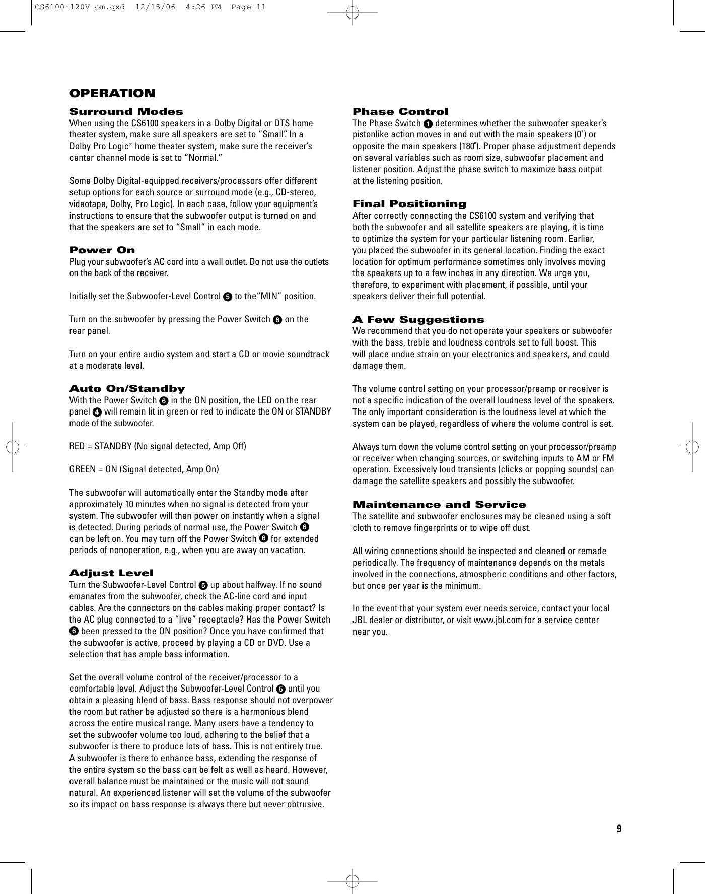 Page 9 of 12 - Jbl Jbl-Cs6100-Users-Manual-  Jbl-cs6100-users-manual