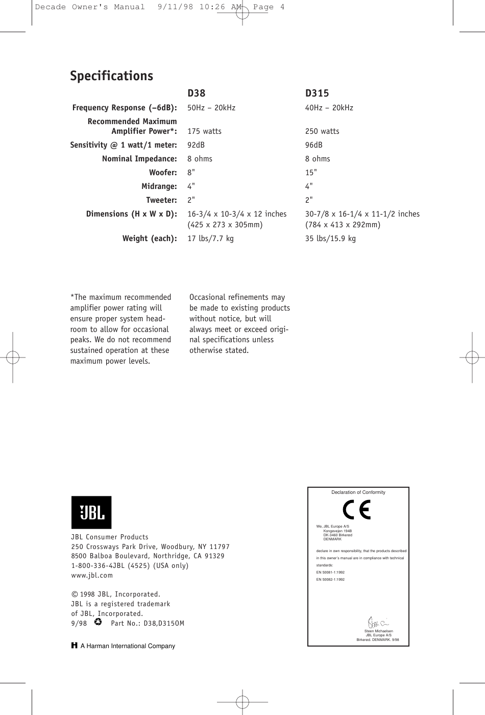 Page 4 of 4 - Jbl Jbl-D38-Users-Manual- Decade Owner's Manual  Jbl-d38-users-manual
