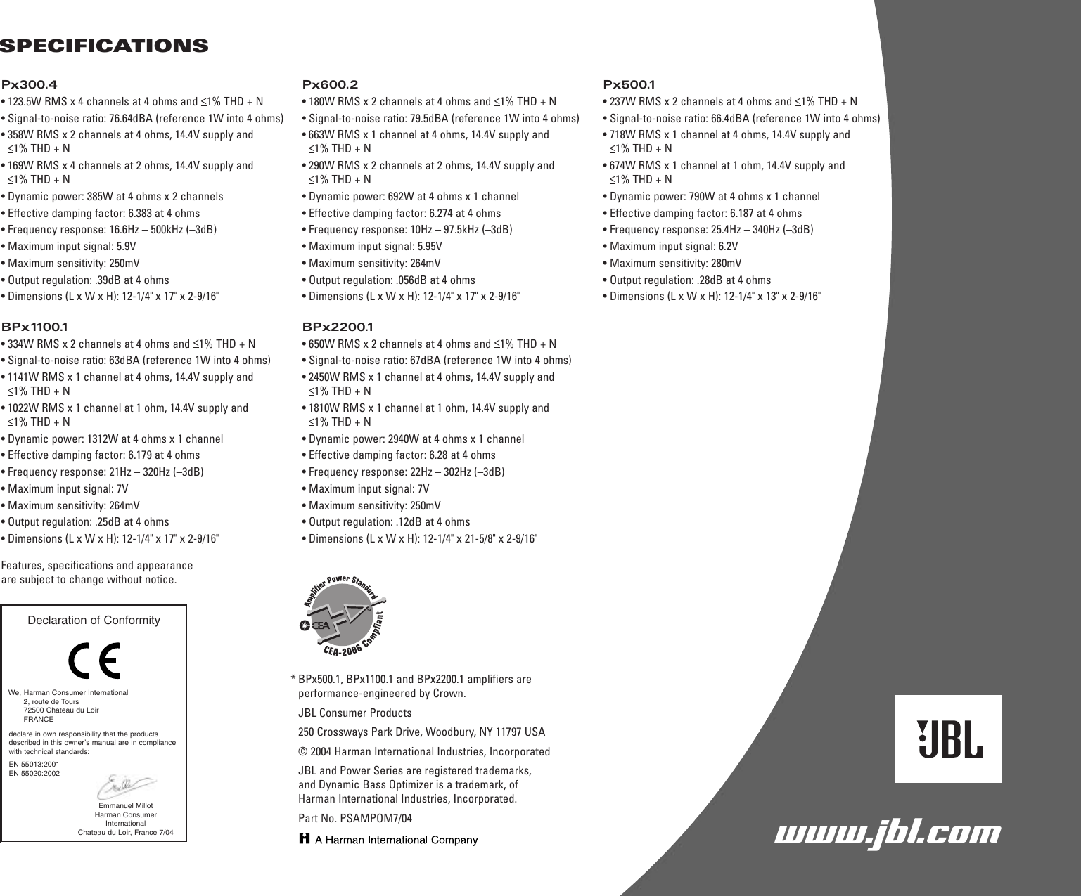 Page 8 of 8 - Jbl Jbl-Power-Series-Bpx1100-1-Users-Manual- Power Series Amp OM  Jbl-power-series-bpx1100-1-users-manual