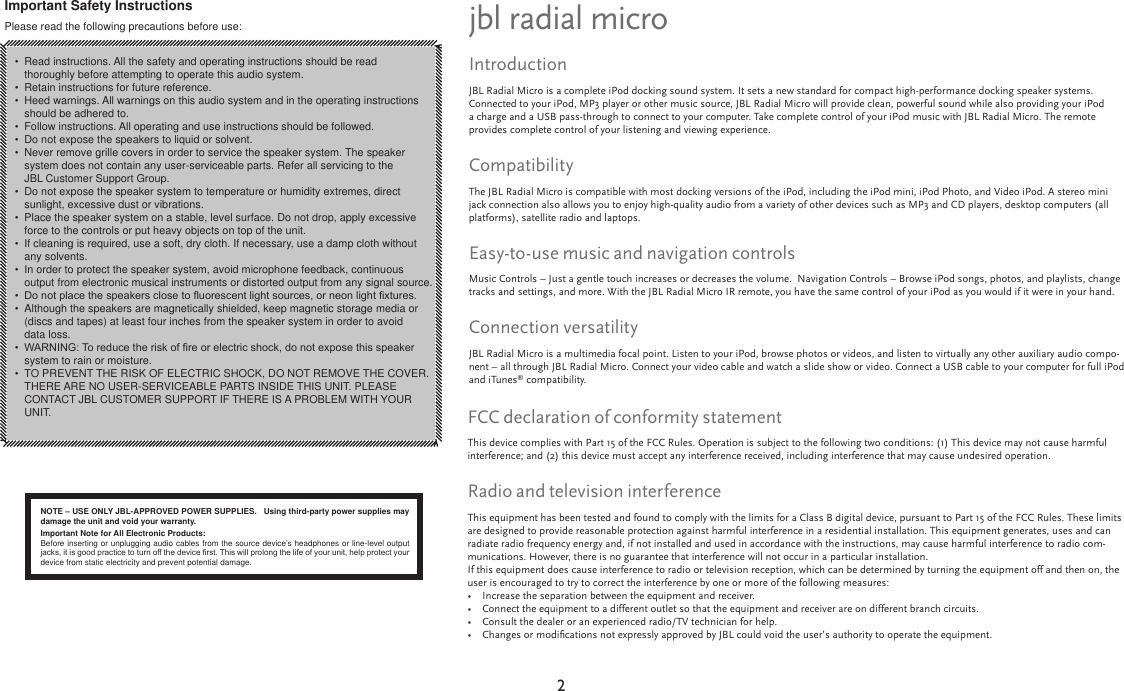 Page 2 of 9 - Jbl Jbl-Radial-Micro-Users-Manual-  Jbl-radial-micro-users-manual