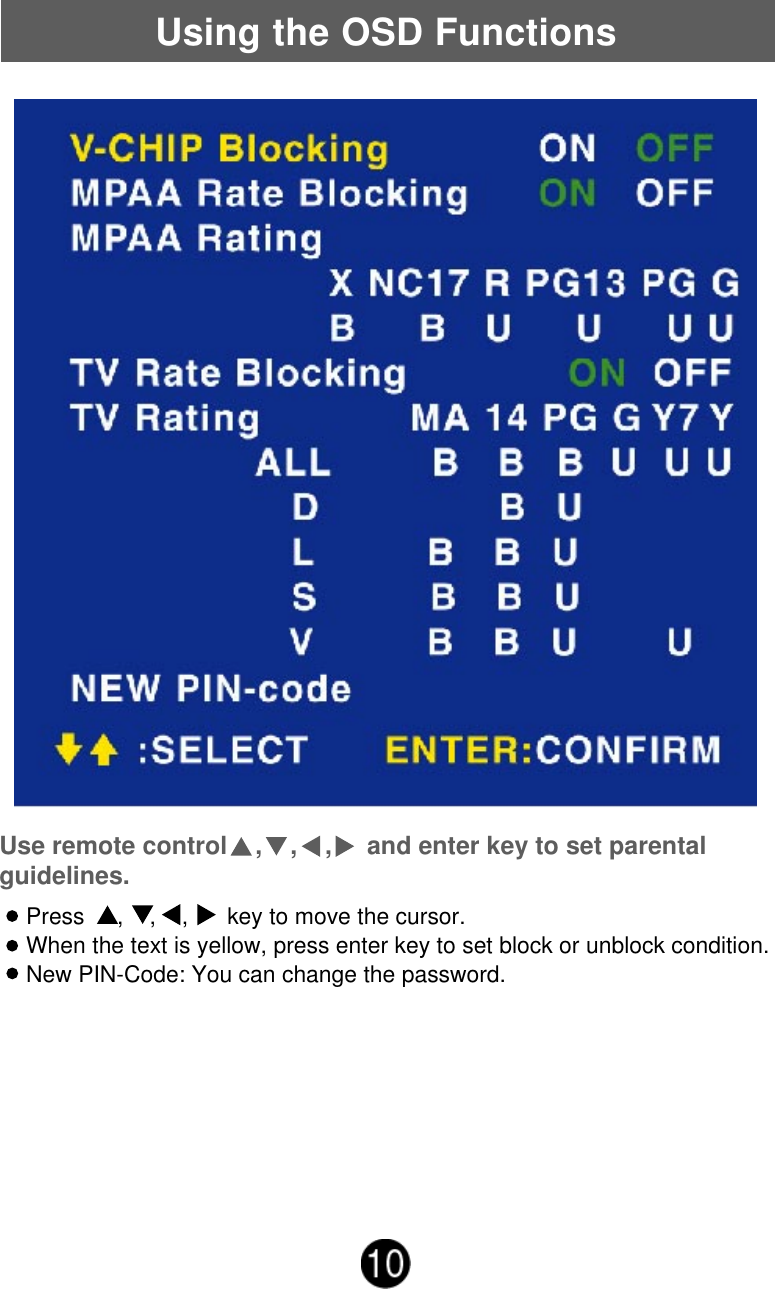 Using the OSD FunctionsUse remote control    ,    ,    ,     and enter key to set parentalguidelines.Press     ,    ,    ,      key to move the cursor.When the text is yellow, press enter key to set block or unblock condition.New PIN-Code: You can change the password.