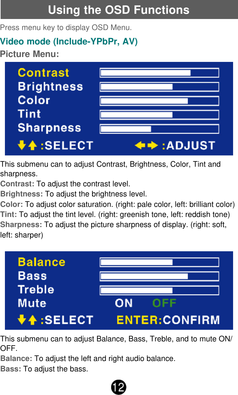Using the OSD FunctionsVideo mode (Include-YPbPr, AV)Picture Menu:Press menu key to display OSD Menu.This submenu can to adjust Contrast, Brightness, Color, Tint andsharpness.Contrast: To adjust the contrast level.Brightness: To adjust the brightness level.Color: To adjust color saturation. (right: pale color, left: brilliant color)Tint: To adjust the tint level. (right: greenish tone, left: reddish tone)Sharpness: To adjust the picture sharpness of display. (right: soft,left: sharper)This submenu can to adjust Balance, Bass, Treble, and to mute ON/OFF.Balance: To adjust the left and right audio balance.Bass: To adjust the bass.