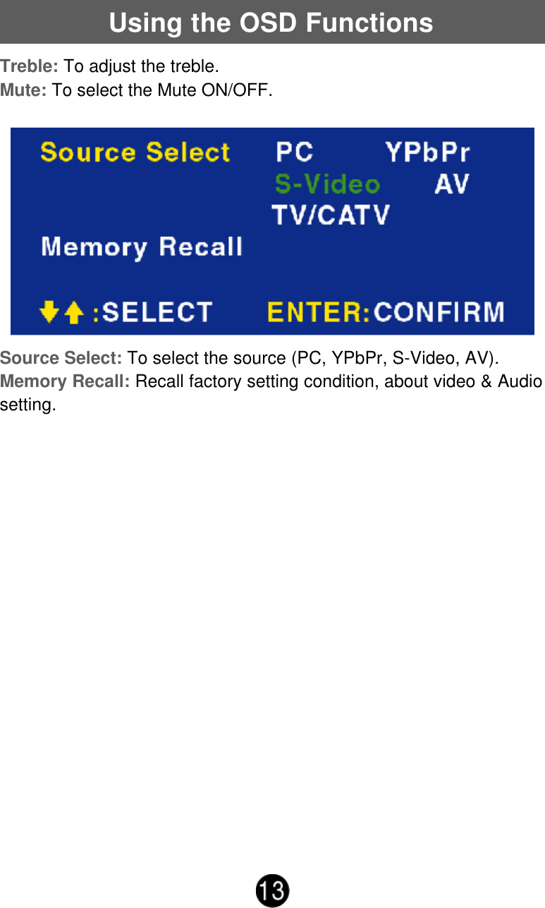 Using the OSD FunctionsSource Select: To select the source (PC, YPbPr, S-Video, AV).Memory Recall: Recall factory setting condition, about video &amp; Audiosetting.Treble: To adjust the treble.Mute: To select the Mute ON/OFF.