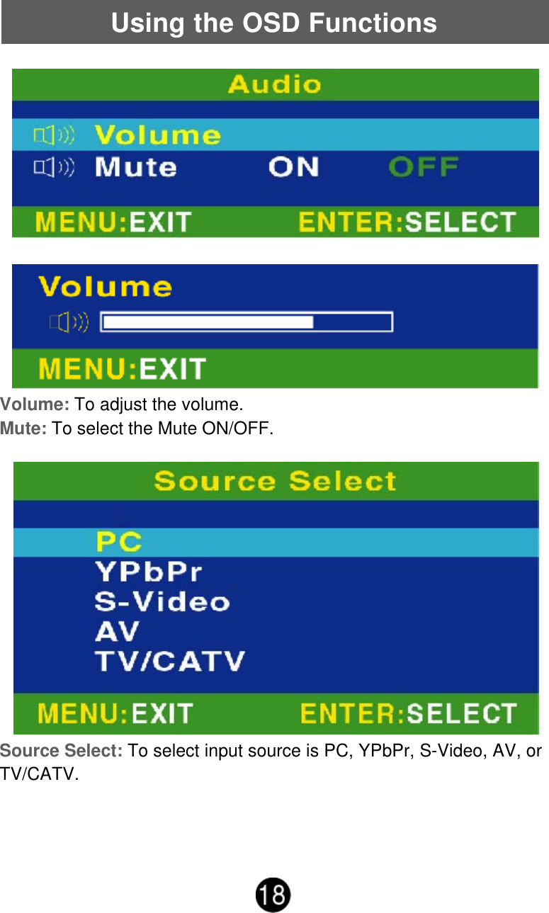 Using the OSD FunctionsVolume: To adjust the volume.Mute: To select the Mute ON/OFF.Source Select: To select input source is PC, YPbPr, S-Video, AV, orTV/CATV.