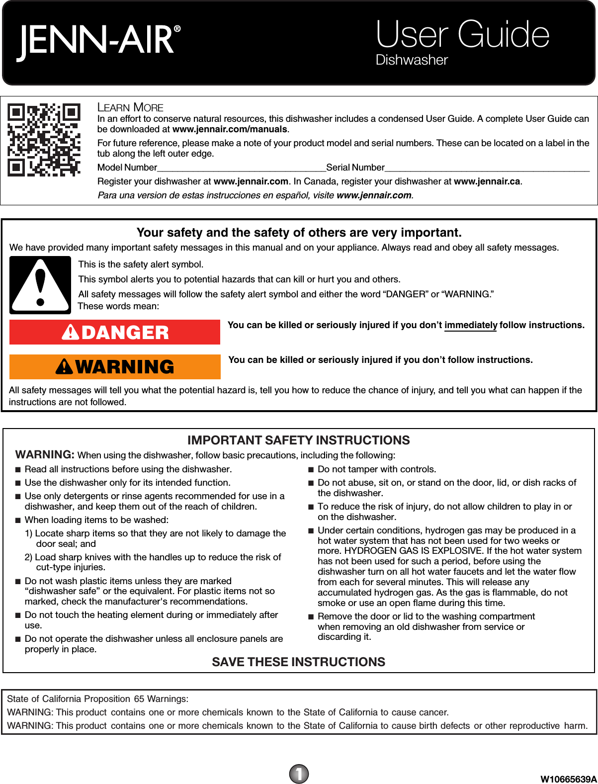 Jenn Air JDB9200CWX3 W10665639A User Manual DISHWASHER Manuals And
