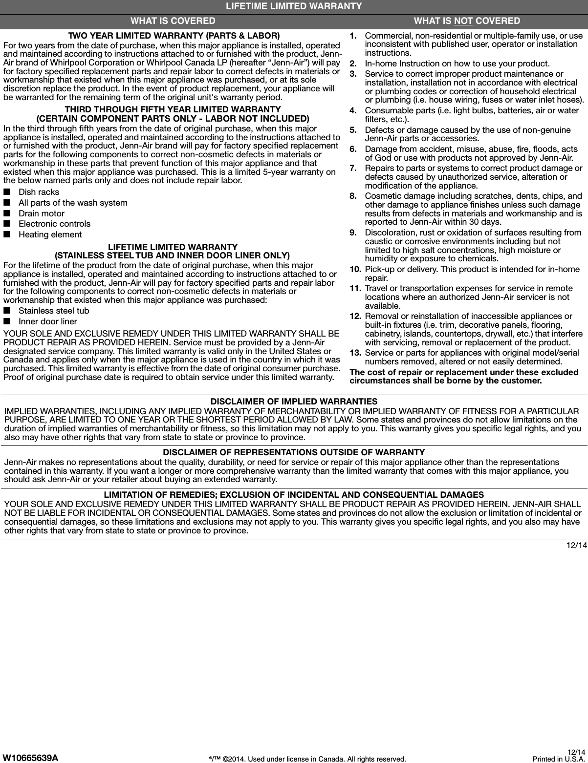 Jenn Air JDB9200CWX3 W10665639A User Manual DISHWASHER Manuals And