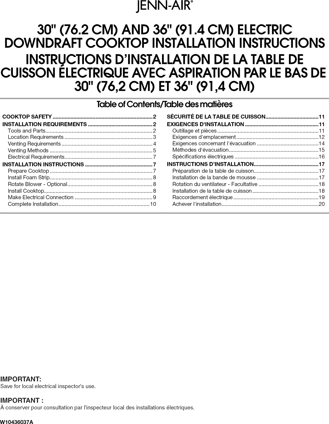 Jenn Air JED4430WB02 User Manual 30 ELECTRIC BUILT IN DOWN COOKTOP Manuals And Guides 1208132L