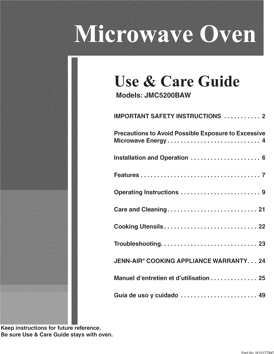 Jenn Air JMC5200BAW13 User Manual COUNTERTOP MICROWAVE 2.0 CU. FT