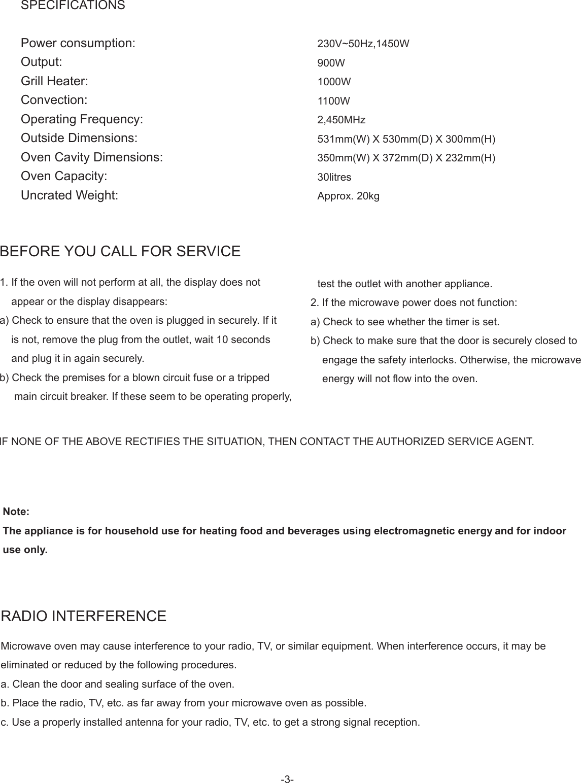 SPECIFICATIONSPower consumption: Output:Grill Heater:Convection:Operating Frequency:Outside Dimensions:Oven Cavity Dimensions:Oven Capacity:Uncrated Weight:230V~50Hz,1450W900W1000W1100W2,450MHz531mm(W) X 530mm(D) X 300mm(H)350mm(W) X 372mm(D) X 232mm(H)30litresApprox. 20kgRADIO INTERFERENCEMicrowave oven may cause interference to your radio, TV, or similar equipment. When interference occurs, it may be eliminated or reduced by the following procedures.a. Clean the door and sealing surface of the oven.b. Place the radio, TV, etc. as far away from your microwave oven as possible.c. Use a properly installed antenna for your radio, TV, etc. to get a strong signal reception.BEFORE YOU CALL FOR SERVICE1. If the oven will not perform at all, the display does not    appear or the display disappears:a) Check to ensure that the oven is plugged in securely. If it    is not, remove the plug from the outlet, wait 10 seconds    and plug it in again securely.b) Check the premises for a blown circuit fuse or a tripped     main circuit breaker. If these seem to be operating properly,   test the outlet with another appliance.2. If the microwave power does not function:a) Check to see whether the timer is set.b) Check to make sure that the door is securely closed to    engage the safety interlocks. Otherwise, the microwave    energy will not flow into the oven.IF NONE OF THE ABOVE RECTIFIES THE SITUATION, THEN CONTACT THE AUTHORIZED SERVICE AGENT.Note:The appliance is for household use for heating food and beverages using electromagnetic energy and for indoor use only.-3-