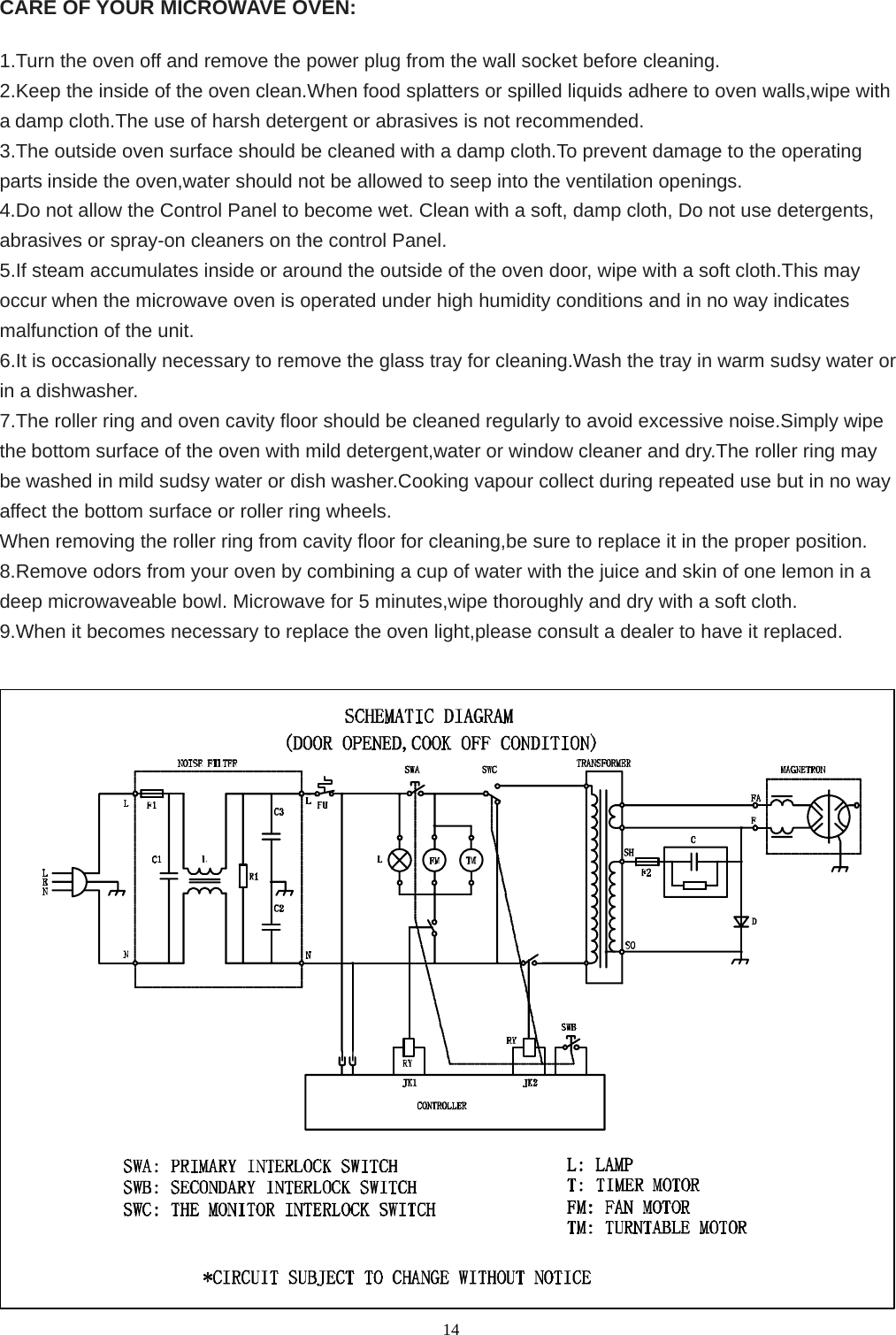  14CARE OF YOUR MICROWAVE OVEN:  1.Turn the oven off and remove the power plug from the wall socket before cleaning. 2.Keep the inside of the oven clean.When food splatters or spilled liquids adhere to oven walls,wipe with a damp cloth.The use of harsh detergent or abrasives is not recommended. 3.The outside oven surface should be cleaned with a damp cloth.To prevent damage to the operating parts inside the oven,water should not be allowed to seep into the ventilation openings. 4.Do not allow the Control Panel to become wet. Clean with a soft, damp cloth, Do not use detergents, abrasives or spray-on cleaners on the control Panel. 5.If steam accumulates inside or around the outside of the oven door, wipe with a soft cloth.This may occur when the microwave oven is operated under high humidity conditions and in no way indicates malfunction of the unit. 6.It is occasionally necessary to remove the glass tray for cleaning.Wash the tray in warm sudsy water or in a dishwasher. 7.The roller ring and oven cavity floor should be cleaned regularly to avoid excessive noise.Simply wipe the bottom surface of the oven with mild detergent,water or window cleaner and dry.The roller ring may be washed in mild sudsy water or dish washer.Cooking vapour collect during repeated use but in no way affect the bottom surface or roller ring wheels. When removing the roller ring from cavity floor for cleaning,be sure to replace it in the proper position. 8.Remove odors from your oven by combining a cup of water with the juice and skin of one lemon in a deep microwaveable bowl. Microwave for 5 minutes,wipe thoroughly and dry with a soft cloth. 9.When it becomes necessary to replace the oven light,please consult a dealer to have it replaced.  