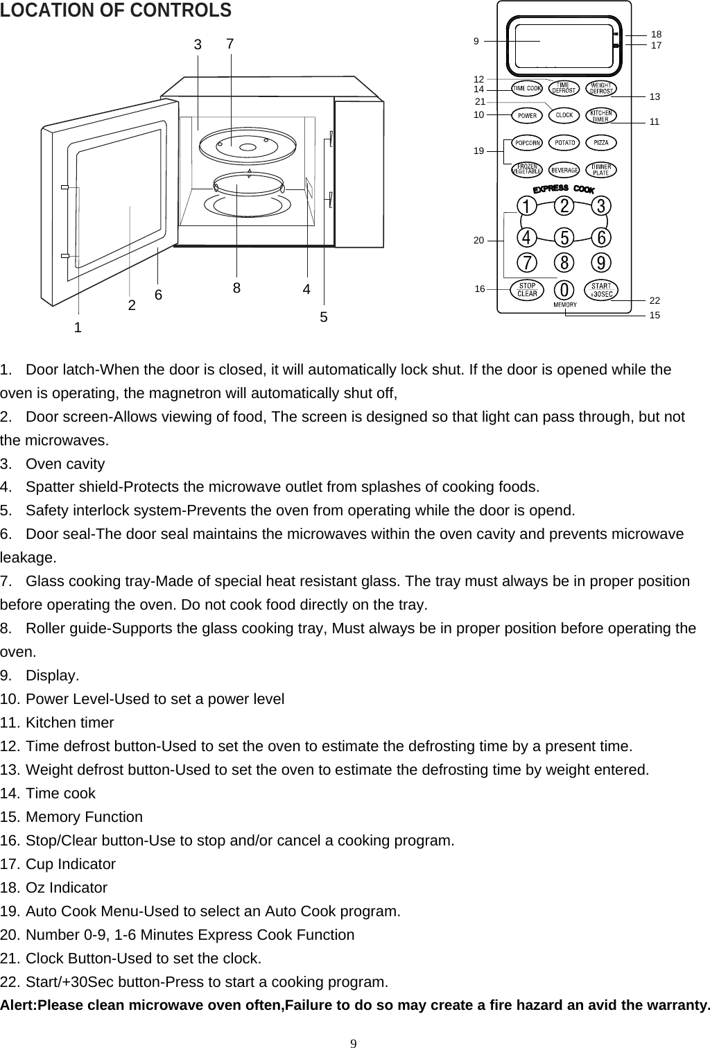 9LOCATION OF CONTROLS 1.  Door latch-When the door is closed, it will automatically lock shut. If the door is opened while the oven is operating, the magnetron will automatically shut off, 2.  Door screen-Allows viewing of food, The screen is designed so that light can pass through, but not the microwaves. 3.  Oven cavity 4.  Spatter shield-Protects the microwave outlet from splashes of cooking foods. 5.  Safety interlock system-Prevents the oven from operating while the door is opend. 6.  Door seal-The door seal maintains the microwaves within the oven cavity and prevents microwave leakage.7.  Glass cooking tray-Made of special heat resistant glass. The tray must always be in proper position before operating the oven. Do not cook food directly on the tray. 8.  Roller guide-Supports the glass cooking tray, Must always be in proper position before operating the oven.9.  Display. 10. Power Level-Used to set a power level 11. Kitchen timer 12. Time defrost button-Used to set the oven to estimate the defrosting time by a present time. 13. Weight defrost button-Used to set the oven to estimate the defrosting time by weight entered. 14. Time cook 15. Memory Function 16. Stop/Clear button-Use to stop and/or cancel a cooking program. 17. Cup Indicator 18. Oz Indicator 19. Auto Cook Menu-Used to select an Auto Cook program. 20. Number 0-9, 1-6 Minutes Express Cook Function 21. Clock Button-Used to set the clock. 22. Start/+30Sec button-Press to start a cooking program. Alert:Please clean microwave oven often,Failure to do so may create a fire hazard an avid the warranty. 12673548189171311141221101922151620