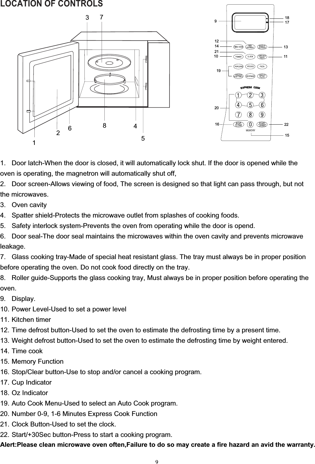 9LOCATION OF CONTROLS1. Door latch-When the door is closed, it will automatically lock shut. If the door is opened while theoven is operating, the magnetron will automatically shut off,2. Door screen-Allows viewing of food, The screen is designed so that light can pass through, but notthe microwaves.3. Oven cavity4. Spatter shield-Protects the microwave outlet from splashes of cooking foods.5. Safety interlock system-Prevents the oven from operating while the door is opend.6. Door seal-The door seal maintains the microwaves within the oven cavity and prevents microwaveleakage.7. Glass cooking tray-Made of special heat resistant glass. The tray must always be in proper positionbefore operating the oven. Do not cook food directly on the tray.8. Roller guide-Supports the glass cooking tray, Must always be in proper position before operating theoven.9. Display.10. Power Level-Used to set a power level11. Kitchen timer12. Time defrost button-Used to set the oven to estimate the defrosting time by a present time.13. Weight defrost button-Used to set the oven to estimate the defrosting time by weight entered.14. Time cook15. Memory Function16. Stop/Clear button-Use to stop and/or cancel a cooking program.17. Cup Indicator18. Oz Indicator19. Auto Cook Menu-Used to select an Auto Cook program.20. Number 0-9, 1-6 Minutes Express Cook Function21. Clock Button-Used to set the clock.22. Start/+30Sec button-Press to start a cooking program.Alert:Please clean microwave oven often,Failure to do so may create a fire hazard an avid the warranty.12673548189171311141221101922151620