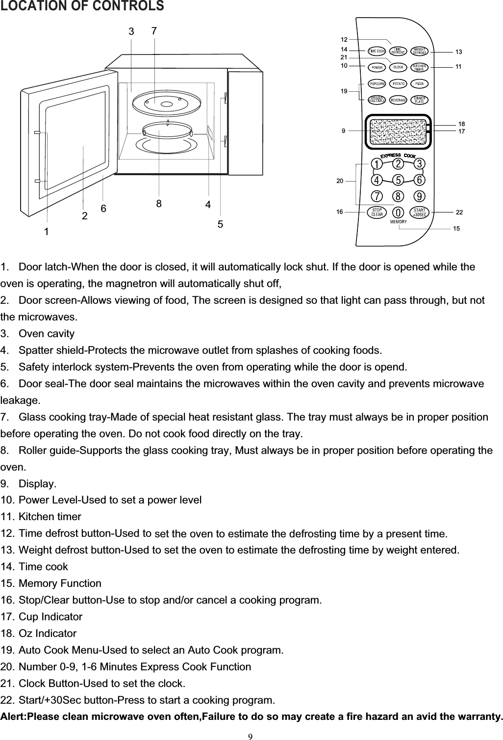 9LOCATION OF CONTROLS1. Door latch-When the door is closed, it will automatically lock shut. If the door is opened while theoven is operating, the magnetron will automatically shut off,2. Door screen-Allows viewing of food, The screen is designed so that light can pass through, but notthe microwaves.3. Oven cavity4. Spatter shield-Protects the microwave outlet from splashes of cooking foods.5. Safety interlock system-Prevents the oven from operating while the door is opend.6. Door seal-The door seal maintains the microwaves within the oven cavity and prevents microwaveleakage.7. Glass cooking tray-Made of special heat resistant glass. The tray must always be in proper positionbefore operating the oven. Do not cook food directly on the tray.8. Roller guide-Supports the glass cooking tray, Must always be in proper position before operating theoven.9. Display.10. Power Level-Used to set a power level11. Kitchen timer12. Time defrost button-Used to set the oven to estimate the defrosting time by a present time.13. Weight defrost button-Used to set the oven to estimate the defrosting time by weight entered.14. Time cook15. Memory Function16. Stop/Clear button-Use to stop and/or cancel a cooking program.17. Cup Indicator18. Oz Indicator19. Auto Cook Menu-Used to select an Auto Cook program.20. Number 0-9, 1-6 Minutes Express Cook Function21. Clock Button-Used to set the clock.22. Start/+30Sec button-Press to start a cooking program.Alert:Please clean microwave oven often,Failure to do so may create a fire hazard an avid the warranty.11891713114122110192215162012673548