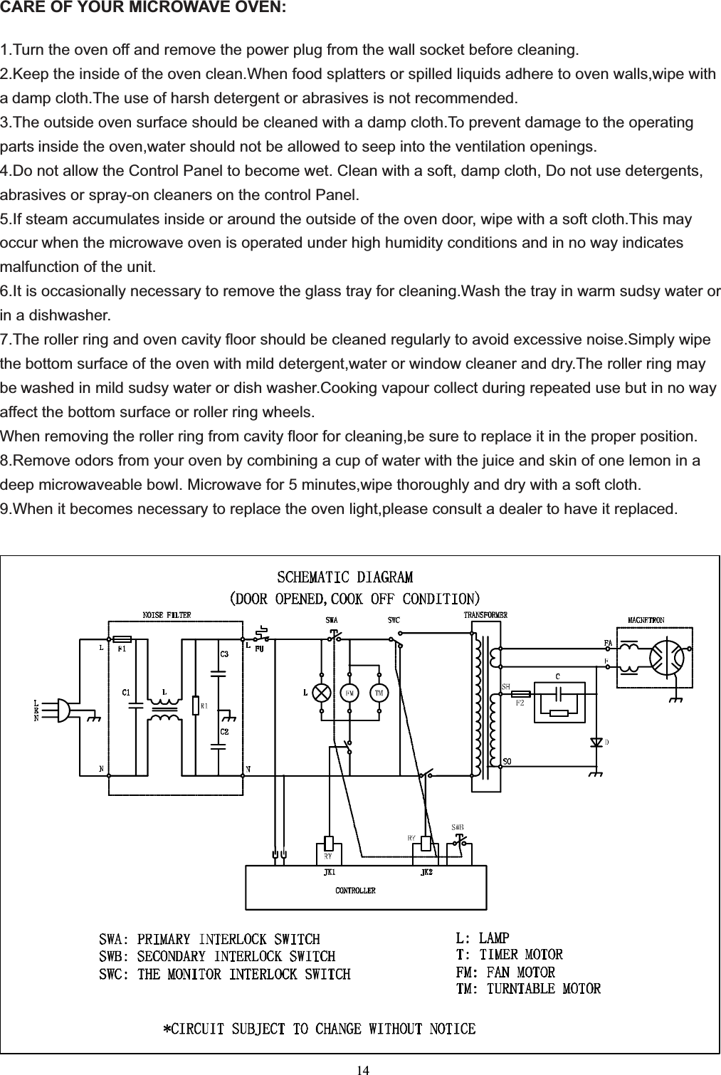  14CARE OF YOUR MICROWAVE OVEN:  1.Turn the oven off and remove the power plug from the wall socket before cleaning. 2.Keep the inside of the oven clean.When food splatters or spilled liquids adhere to oven walls,wipe with a damp cloth.The use of harsh detergent or abrasives is not recommended. 3.The outside oven surface should be cleaned with a damp cloth.To prevent damage to the operating parts inside the oven,water should not be allowed to seep into the ventilation openings. 4.Do not allow the Control Panel to become wet. Clean with a soft, damp cloth, Do not use detergents, abrasives or spray-on cleaners on the control Panel. 5.If steam accumulates inside or around the outside of the oven door, wipe with a soft cloth.This may occur when the microwave oven is operated under high humidity conditions and in no way indicates malfunction of the unit. 6.It is occasionally necessary to remove the glass tray for cleaning.Wash the tray in warm sudsy water or in a dishwasher. 7.The roller ring and oven cavity floor should be cleaned regularly to avoid excessive noise.Simply wipe the bottom surface of the oven with mild detergent,water or window cleaner and dry.The roller ring may be washed in mild sudsy water or dish washer.Cooking vapour collect during repeated use but in no way affect the bottom surface or roller ring wheels. When removing the roller ring from cavity floor for cleaning,be sure to replace it in the proper position. 8.Remove odors from your oven by combining a cup of water with the juice and skin of one lemon in a deep microwaveable bowl. Microwave for 5 minutes,wipe thoroughly and dry with a soft cloth. 9.When it becomes necessary to replace the oven light,please consult a dealer to have it replaced.  