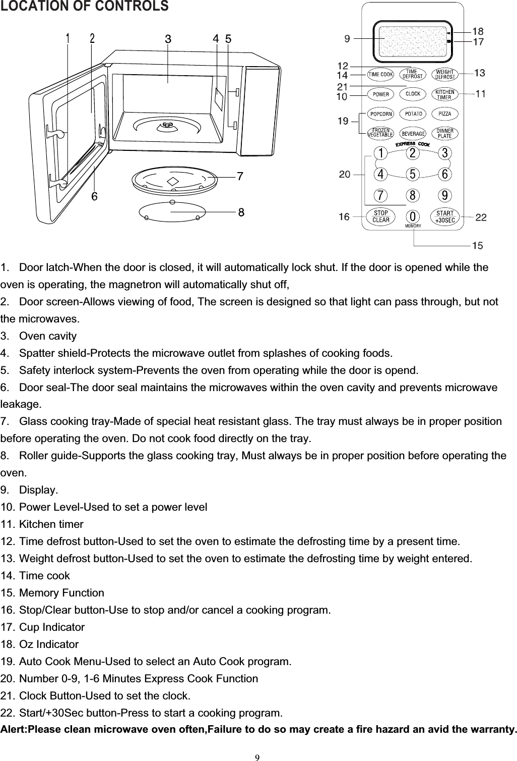 9LOCATION OF CONTROLS1. Door latch-When the door is closed, it will automatically lock shut. If the door is opened while theoven is operating, the magnetron will automatically shut off,2. Door screen-Allows viewing of food, The screen is designed so that light can pass through, but notthe microwaves.3. Oven cavity4. Spatter shield-Protects the microwave outlet from splashes of cooking foods.5. Safety interlock system-Prevents the oven from operating while the door is opend.6. Door seal-The door seal maintains the microwaves within the oven cavity and prevents microwaveleakage.7. Glass cooking tray-Made of special heat resistant glass. The tray must always be in proper positionbefore operating the oven. Do not cook food directly on the tray.8. Roller guide-Supports the glass cooking tray, Must always be in proper position before operating theoven.9. Display.10. Power Level-Used to set a power level11. Kitchen timer12. Time defrost button-Used to set the oven to estimate the defrosting time by a present time.13. Weight defrost button-Used to set the oven to estimate the defrosting time by weight entered.14. Time cook15. Memory Function16. Stop/Clear button-Use to stop and/or cancel a cooking program.17. Cup Indicator18. Oz Indicator19. Auto Cook Menu-Used to select an Auto Cook program.20. Number 0-9, 1-6 Minutes Express Cook Function21. Clock Button-Used to set the clock.22. Start/+30Sec button-Press to start a cooking program.Alert:Please clean microwave oven often,Failure to do so may create a fire hazard an avid the warranty.