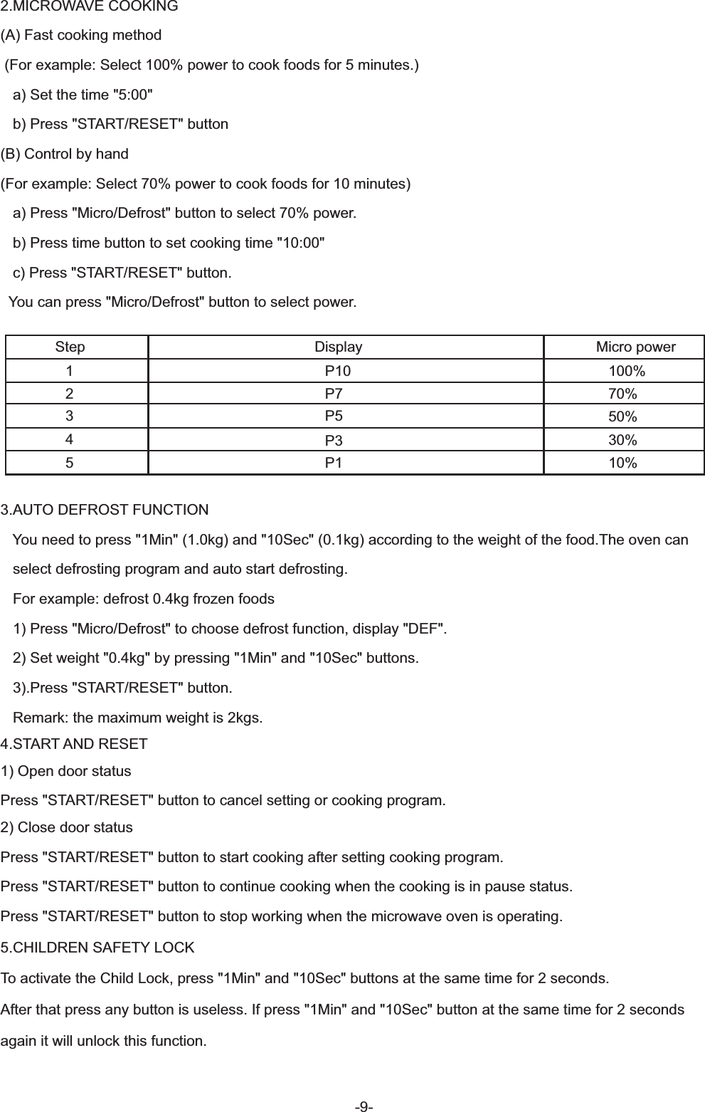 -9-2.MICROWAVE COOKING(A) Fast cooking method (For example: Select 100% power to cook foods for 5 minutes.)   a) Set the time &quot;5:00&quot;   b) Press &quot;START/RESET&quot; button(B) Control by hand(For example: Select 70% power to cook foods for 10 minutes)   a) Press &quot;Micro/Defrost&quot; button to select 70% power.   b) Press time button to set cooking time &quot;10:00&quot;   c) Press &quot;START/RESET&quot; button.  You can press &quot;Micro/Defrost&quot; button to select power.   3.AUTO DEFROST FUNCTION   You need to press &quot;1Min&quot; (1.0kg) and &quot;10Sec&quot; (0.1kg) according to the weight of the food.The oven can   select defrosting program and auto start defrosting.   For example: defrost 0.4kg frozen foods   1) Press &quot;Micro/Defrost&quot; to choose defrost function, display &quot;DEF&quot;.   2) Set weight &quot;0.4kg&quot; by pressing &quot;1Min&quot; and &quot;10Sec&quot; buttons.   3).Press &quot;START/RESET&quot; button.   Remark: the maximum weight is 2kgs.4.START AND RESET1) Open door statusPress &quot;START/RESET&quot; button to cancel setting or cooking program.2) Close door statusPress &quot;START/RESET&quot; button to start cooking after setting cooking program.Press &quot;START/RESET&quot; button to continue cooking when the cooking is in pause status.Press &quot;START/RESET&quot; button to stop working when the microwave oven is operating.5.CHILDREN SAFETY LOCKTo activate the Child Lock, press &quot;1Min&quot; and &quot;10Sec&quot; buttons at the same time for 2 seconds.After that press any button is useless. If press &quot;1Min&quot; and &quot;10Sec&quot; button at the same time for 2 seconds again it will unlock this function.Step1 P10 100%70%50%30%10%P7P5P3P12345Display Micro power