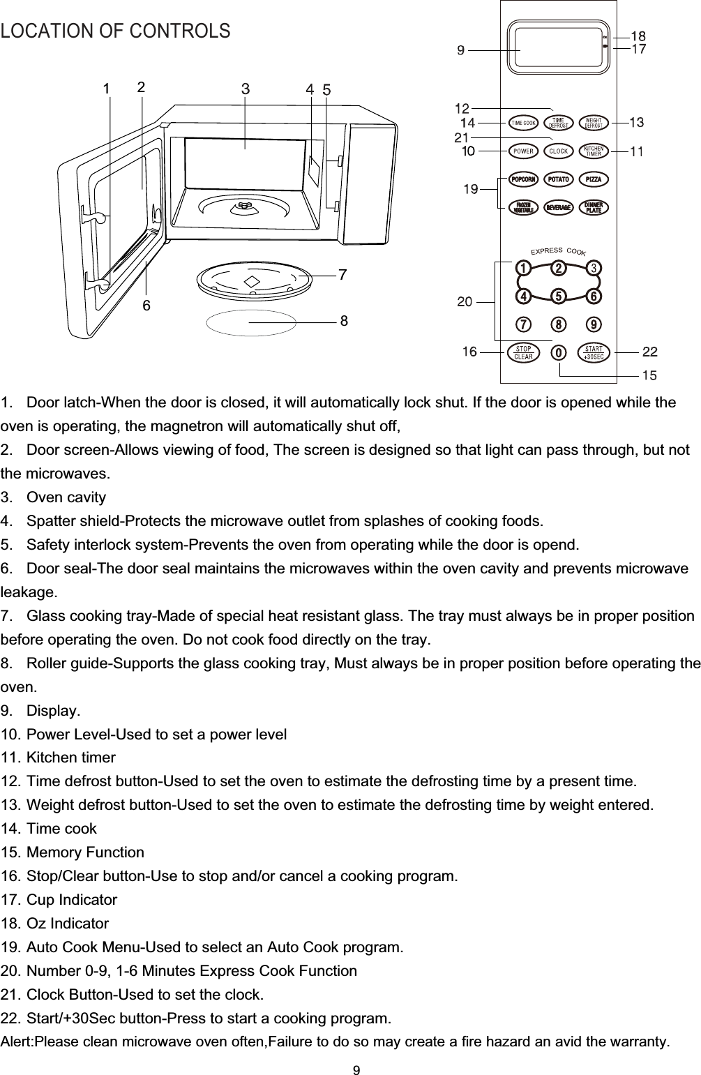 OOzz9LOCATION OF CONTROLS1. Door latch-When the door is closed, it will automatically lock shut. If the door is opened while theoven is operating, the magnetron will automatically shut off,2. Door screen-Allows viewing of food, The screen is designed so that light can pass through, but notthe microwaves.3. Oven cavity4. Spatter shield-Protects the microwave outlet from splashes of cooking foods.5. Safety interlock system-Prevents the oven from operating while the door is opend.6. Door seal-The door seal maintains the microwaves within the oven cavity and prevents microwaveleakage.7. Glass cooking tray-Made of special heat resistant glass. The tray must always be in proper positionbefore operating the oven. Do not cook food directly on the tray.8. Roller guide-Supports the glass cooking tray, Must always be in proper position before operating theoven.9. Display.10. Power Level-Used to set a power level11. Kitchen timer12. Time defrost button-Used to set the oven to estimate the defrosting time by a present time.13. Weight defrost button-Used to set the oven to estimate the defrosting time by weight entered.14. Time cook15. Memory Function16. Stop/Clear button-Use to stop and/or cancel a cooking program.17. Cup Indicator18. Oz Indicator19. Auto Cook Menu-Used to select an Auto Cook program.20. Number 0-9, 1-6 Minutes Express Cook Function21. Clock Button-Used to set the clock.22. Start/+30Sec button-Press to start a cooking program.Alert:Please clean microwave oven often,Failure to do so may create a fire hazard an avid the warranty.8126