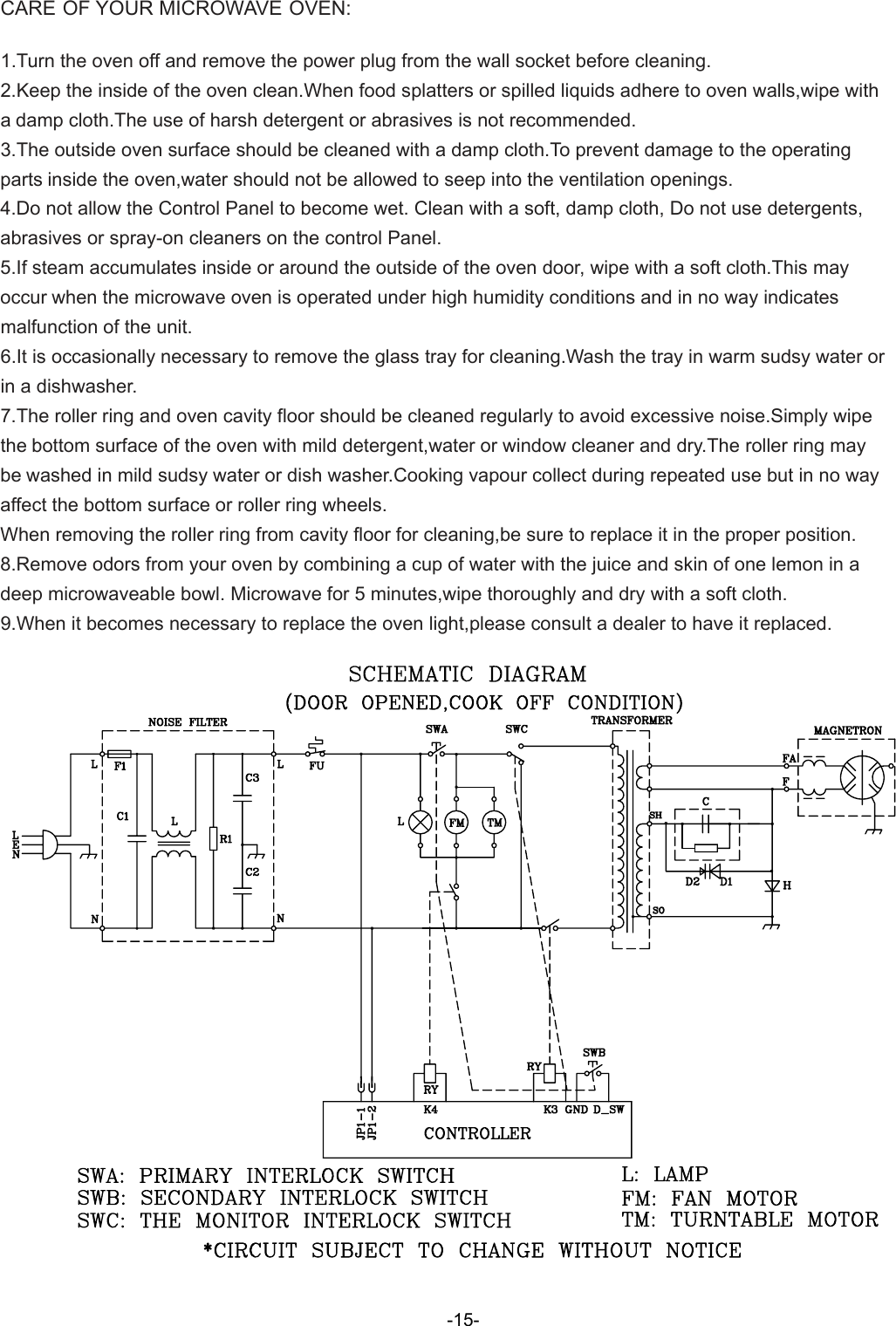  CARE OF YOUR MICROWAVE OVEN: 1.Turn the oven off and remove the power plug from the wall socket before cleaning. 2.Keep the inside of the oven clean.When food splatters or spilled liquids adhere to oven walls,wipe with a damp cloth.The use of harsh detergent or abrasives is not recommended. 3.The outside oven surface should be cleaned with a damp cloth.To prevent damage to the operating parts inside the oven,water should not be allowed to seep into the ventilation openings. 4.Do not allow the Control Panel to become wet. Clean with a soft, damp cloth, Do not use detergents, abrasives or spray-on cleaners on the control Panel. 5.If steam accumulates inside or around the outside of the oven door, wipe with a soft cloth.This may occur when the microwave oven is operated under high humidity conditions and in no way indicates malfunction of the unit. 6.It is occasionally necessary to remove the glass tray for cleaning.Wash the tray in warm sudsy water or in a dishwasher. 7.The roller ring and oven cavity floor should be cleaned regularly to avoid excessive noise.Simply wipe the bottom surface of the oven with mild detergent,water or window cleaner and dry.The roller ring may be washed in mild sudsy water or dish washer.Cooking vapour collect during repeated use but in no way affect the bottom surface or roller ring wheels. When removing the roller ring from cavity floor for cleaning,be sure to replace it in the proper position. 8.Remove odors from your oven by combining a cup of water with the juice and skin of one lemon in a deep microwaveable bowl. Microwave for 5 minutes,wipe thoroughly and dry with a soft cloth. 9.When it becomes necessary to replace the oven light,please consult a dealer to have it replaced.  -15-