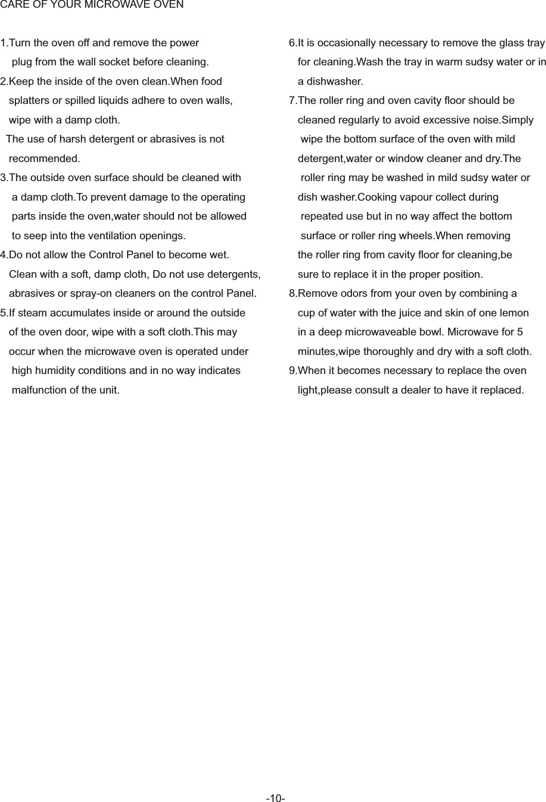 -10-CARE OF YOUR MICROWAVE OVEN6.It is occasionally necessary to remove the glass tray    for cleaning.Wash the tray in warm sudsy water or in   a dishwasher.7.The roller ring and oven cavity floor should be    cleaned regularly to avoid excessive noise.Simply     wipe the bottom surface of the oven with mild    detergent,water or window cleaner and dry.The     roller ring may be washed in mild sudsy water or    dish washer.Cooking vapour collect during     repeated use but in no way affect the bottom     surface or roller ring wheels.When removing    the roller ring from cavity floor for cleaning,be    sure to replace it in the proper position.8.Remove odors from your oven by combining a    cup of water with the juice and skin of one lemon    in a deep microwaveable bowl. Microwave for 5    minutes,wipe thoroughly and dry with a soft cloth.9.When it becomes necessary to replace the oven   light,please consult a dealer to have it replaced.  1.Turn the oven off and remove the power     plug from the wall socket before cleaning.2.Keep the inside of the oven clean.When food   splatters or spilled liquids adhere to oven walls,   wipe with a damp cloth.  The use of harsh detergent or abrasives is not    recommended.3.The outside oven surface should be cleaned with     a damp cloth.To prevent damage to the operating    parts inside the oven,water should not be allowed    to seep into the ventilation openings.4.Do not allow the Control Panel to become wet.    Clean with a soft, damp cloth, Do not use detergents,    abrasives or spray-on cleaners on the control Panel.5.If steam accumulates inside or around the outside    of the oven door, wipe with a soft cloth.This may    occur when the microwave oven is operated under    high humidity conditions and in no way indicates     malfunction of the unit.