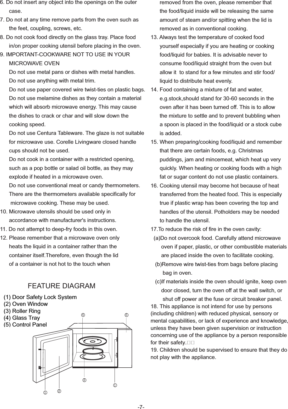 -7-6. Do not insert any object into the openings on the outer      case.7. Do not at any time remove parts from the oven such as      the feet, coupling, screws, etc.8. Do not cook food directly on the glass tray. Place food      in/on proper cooking utensil before placing in the oven.9. IMPORTANT-COOKWARE NOT TO USE IN YOUR      MICROWAVE OVEN          Do not use metal pans or dishes with metal handles.      Do not use anything with metal trim.      Do not use paper covered wire twist-ties on plastic bags.      Do not use melamine dishes as they contain a material      which will absorb microwave energy. This may cause      the dishes to crack or char and will slow down the      cooking speed.      Do not use Centura Tableware. The glaze is not suitable      for microwave use. Corelle Livingware closed handle      cups should not be used.          Do not cook in a container with a restricted opening,      such as a pop bottle or salad oil bottle, as they may      explode if heated in a microwave oven.      Do not use conventional meat or candy thermometers.      There are the thermometers available specifically for       microwave cooking. These may be used.10. Microwave utensils should be used only in       accordance with manufacturer&apos;s instructions.11. Do not attempt to deep-fry foods in this oven.12. Please remember that a microwave oven only       heats the liquid in a container rather than the       container itself.Therefore, even though the lid      of a container is not hot to the touch when      removed from the oven, please remember that      the food/liquid inside will be releasing the same       amount of steam and/or spitting when the lid is       removed as in conventional cooking.13. Always test the temperature of cooked food       yourself especially if you are heating or cooking      food/liquid for babies. It is advisable never to       consume food/liquid straight from the oven but      allow it  to stand for a few minutes and stir food/      liquid to distribute heat evenly.14. Food containing a mixture of fat and water,       e.g.stock,should stand for 30-60 seconds in the       oven after it has been turned off. This is to allow       the mixture to settle and to prevent bubbling when       a spoon is placed in the food/liquid or a stock cube      is added.15. When preparing/cooking food/liquid and remember       that there are certain foods, e.g. Christmas       puddings, jam and mincemeat, which heat up very       quickly. When heating or cooking foods with a high       fat or sugar content do not use plastic containers.16. Cooking utensil may become hot because of heat      transferred from the heated food. This is especially       true if plastic wrap has been covering the top and      handles of the utensil. Potholders may be needed       to handle the utensil.17.To reduce the risk of fire in the oven cavity:  (a)Do not overcook food. Carefully attend microwave       oven if paper, plastic, or other combustible materials        are placed inside the oven to facilitate cooking.   (b)Remove wire twist-ties from bags before placing         bag in oven.   (c)If materials inside the oven should ignite, keep oven        door closed, turn the oven off at the wall switch, or         shut off power at the fuse or circuit breaker panel.18. This appliance is not intend for use by persons (including children) with reduced physical, sensory or mental capabilities, or lack of experience and knowledge, unless they have been given supervision or instruction concerning use of the appliance by a person responsible for their safety.19. Children should be supervised to ensure that they do not play with the appliance.  FEATURE DIAGRAM321451(1) Door Safety Lock System(2) Oven Window(3) Roller Ring(4) Glass Tray(5) Control Panel