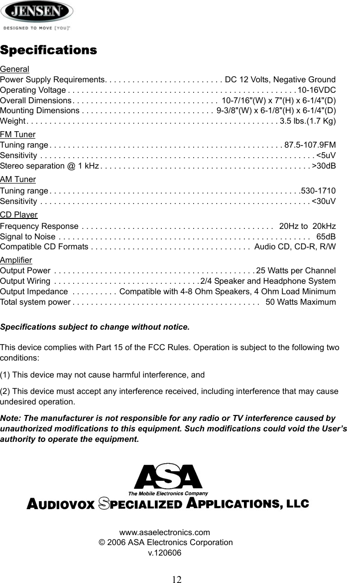 Jensen Awm910 Users Manual B