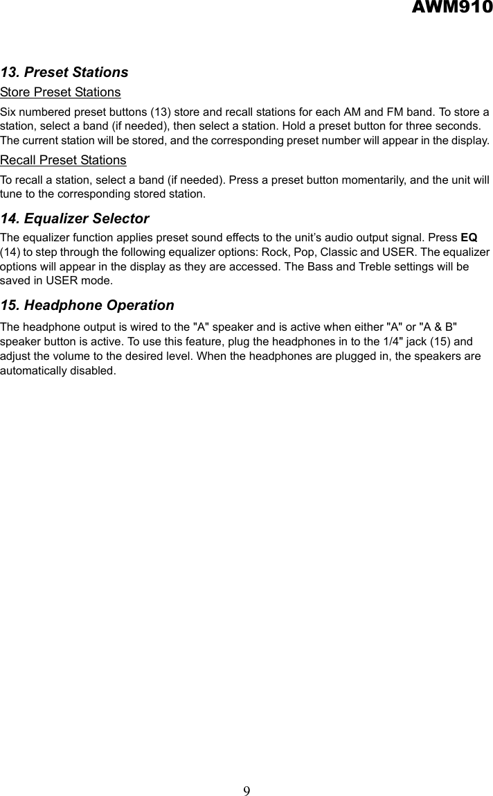 Page 9 of 12 - Jensen Jensen-Awm910-Users-Manual- AWM910 B  Jensen-awm910-users-manual
